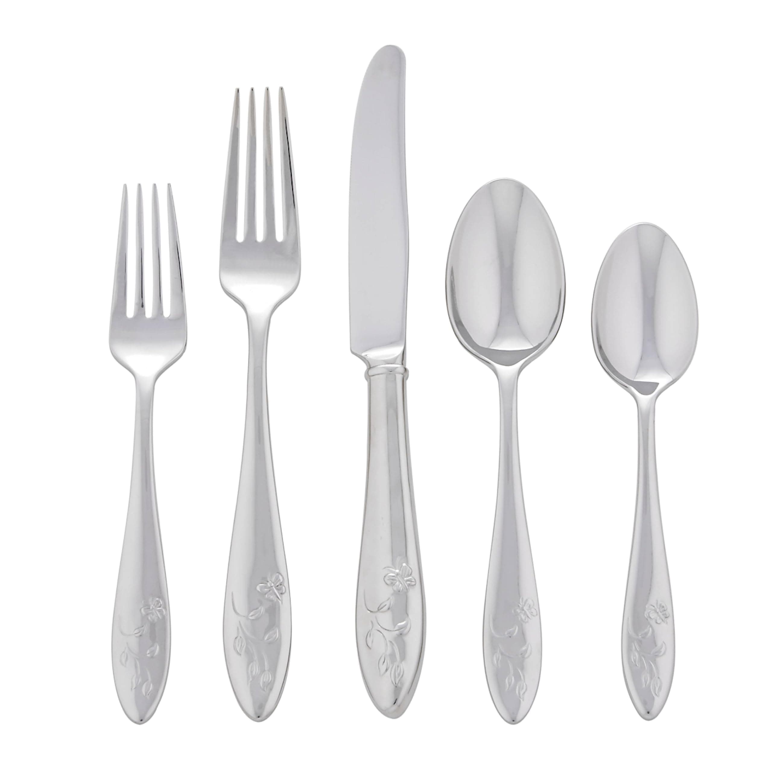 Silverware Set For 12, Butterfly Meadow 65-Piece Flatware Set, Service For 12, 18/10 Stainless Steel, Dishwasher Safe, Butterfly and Flower Motif, Includes Serving Utensils (Silver, 65 Piece)