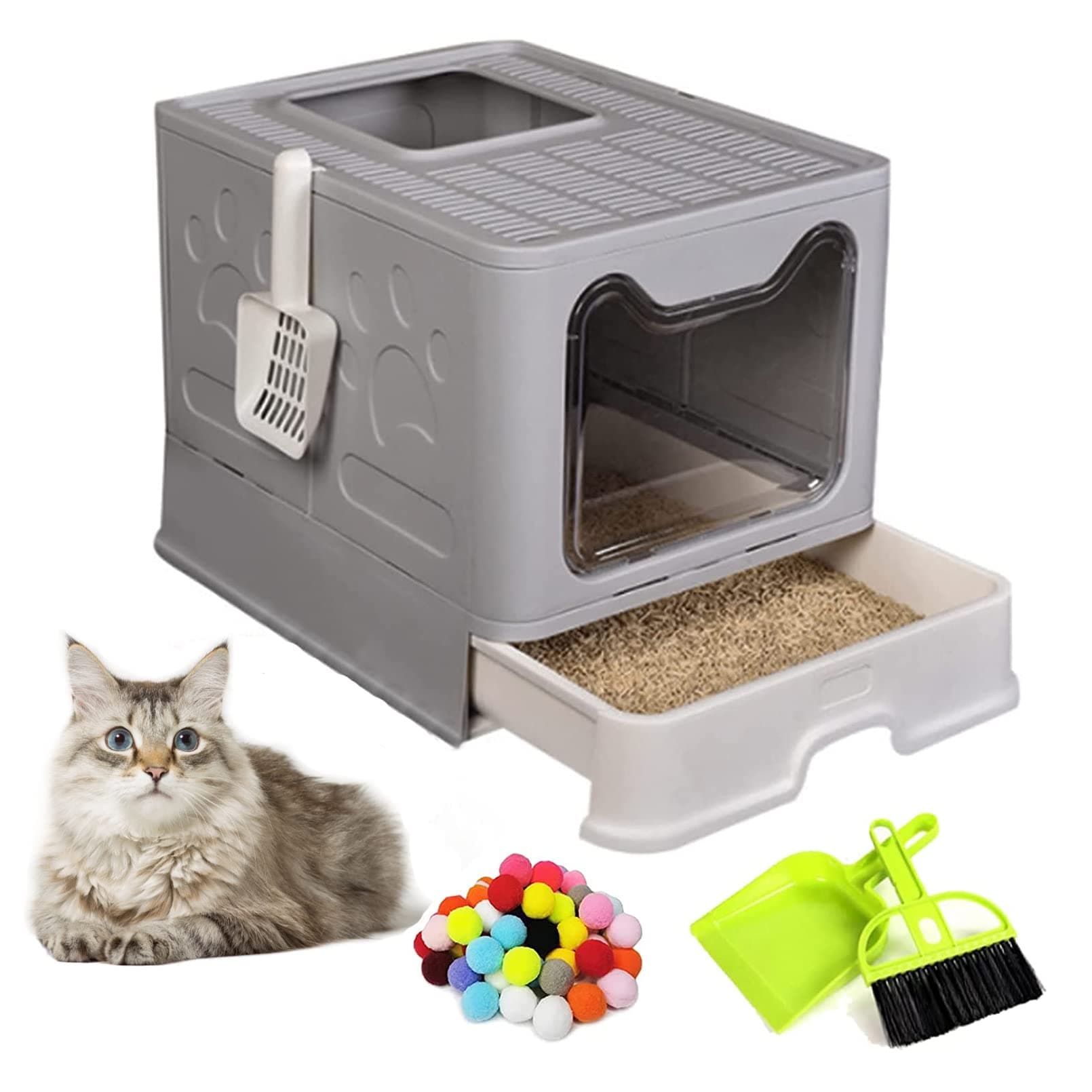 Hamiledyi Foldable Large Cat Litter Box with Drawer Top Entry - Anti-Splashing Cat Toilet with Lid - Includes Scoop & Suppresses Odors for Cats & Kittens - Gray