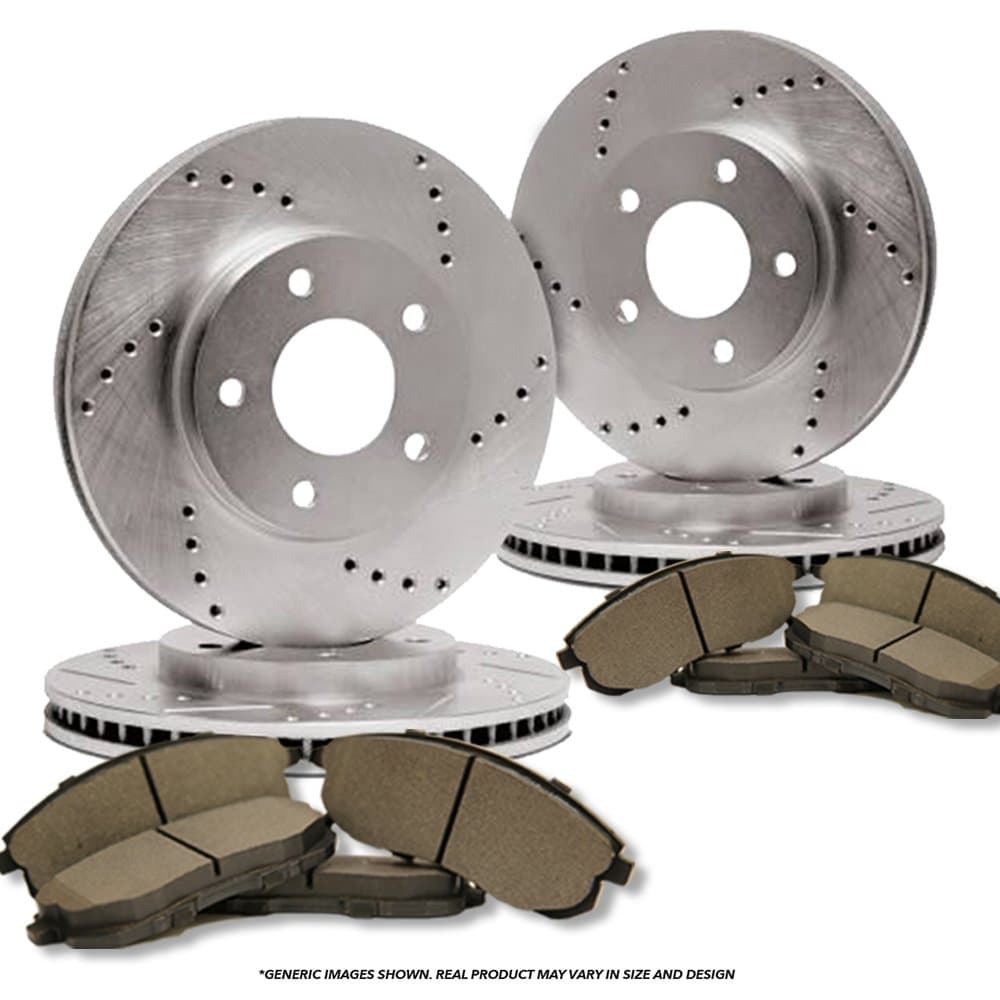(Front+Rear Kit)(High-End) 4 Cross-Drilled Disc Brake Rotors + 8 Semi-Metallic Pads