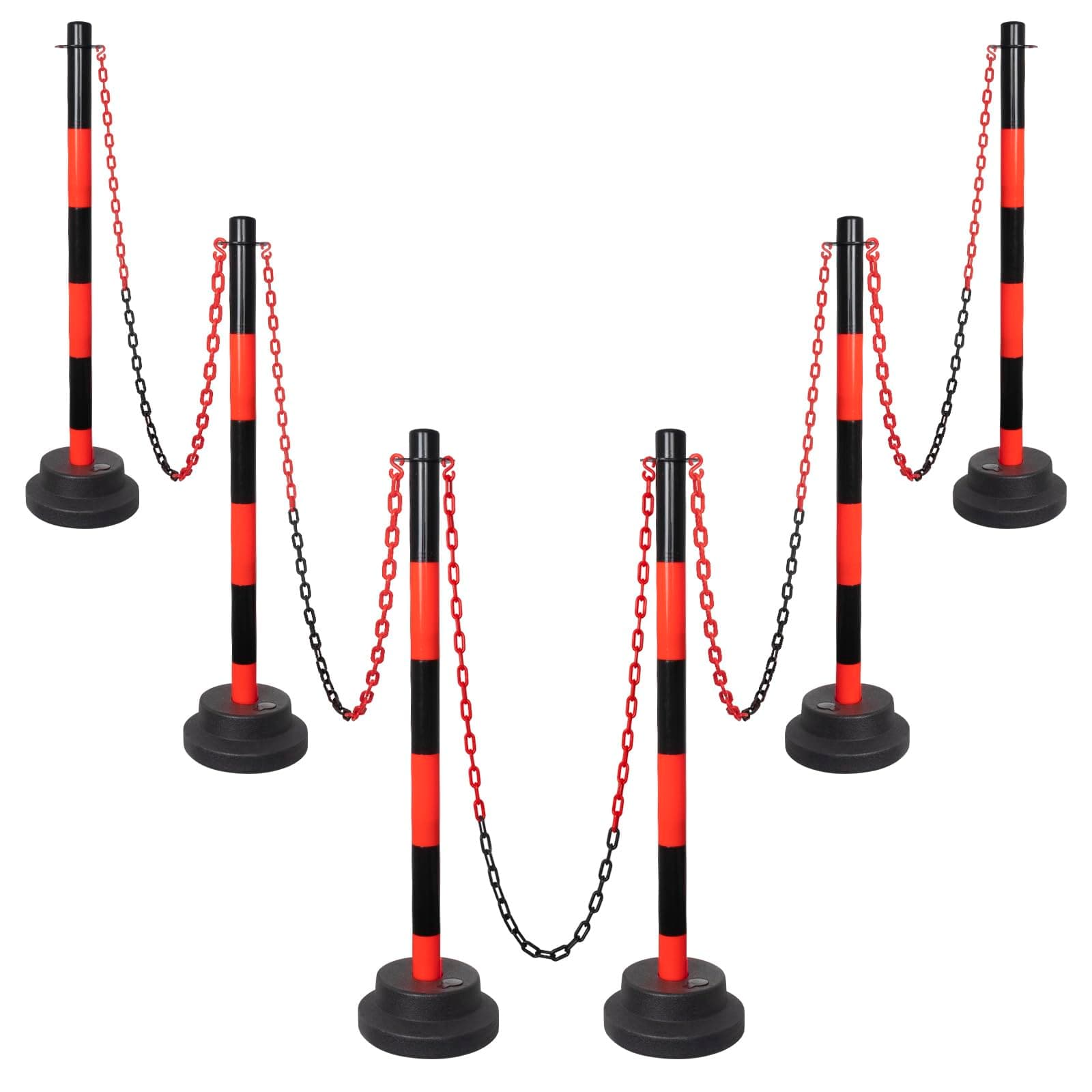 Safety Delineator Posts 35'' with Weighted Base - Red Traffic Stanchions Cones 5FT Chain & S Hooks, Reflective Collar for Parking Lot, Driving School, Crowd Control, Construction Zone 6 Pack