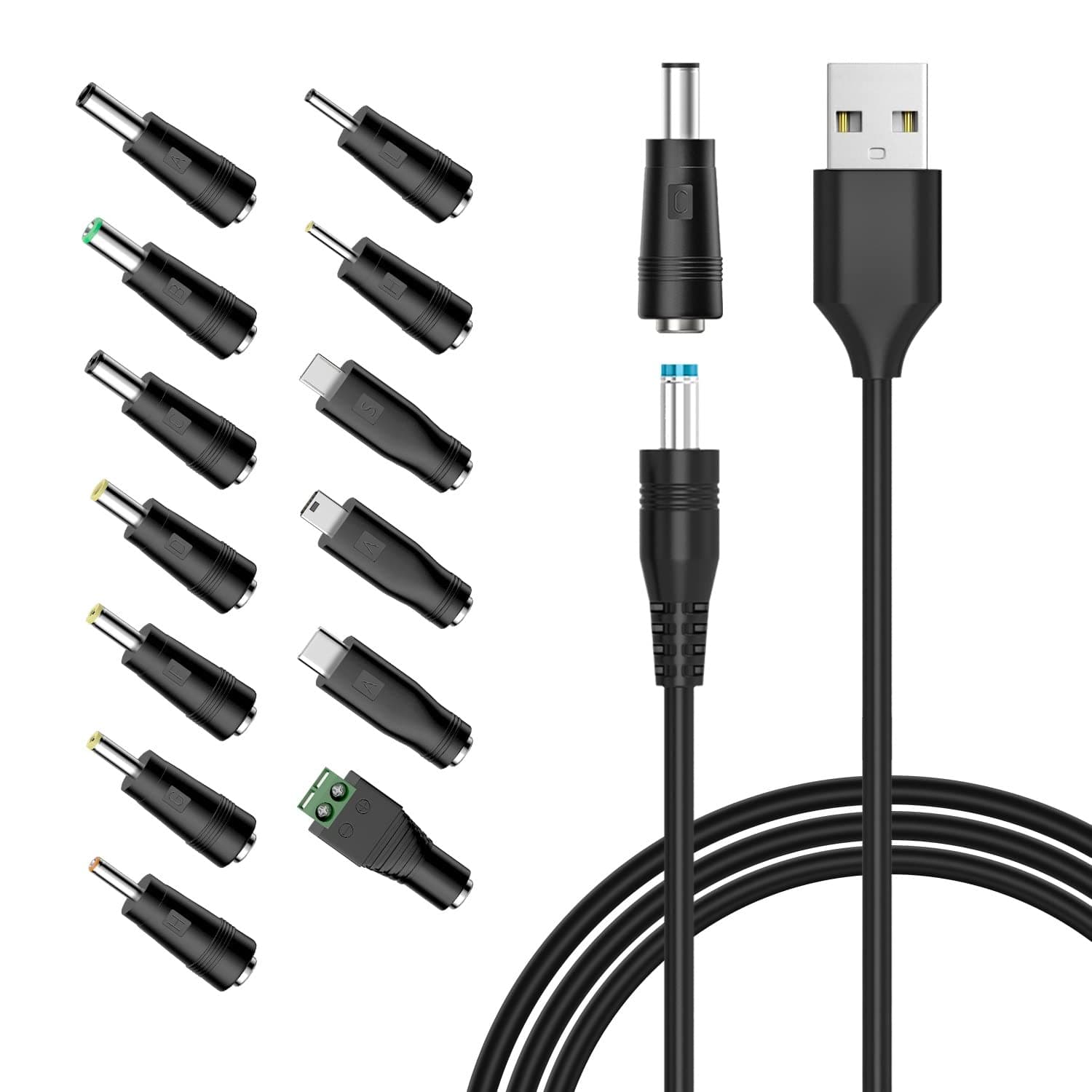 Powseed 5V Universal DC Power Cable, USB to DC Charging Cord with 13pcs Adapter Plugs for Webcam Router, Recorder, Bluetooth Speaker, Scanner, DVR, Hard Disk Box, USB-HUB etc.