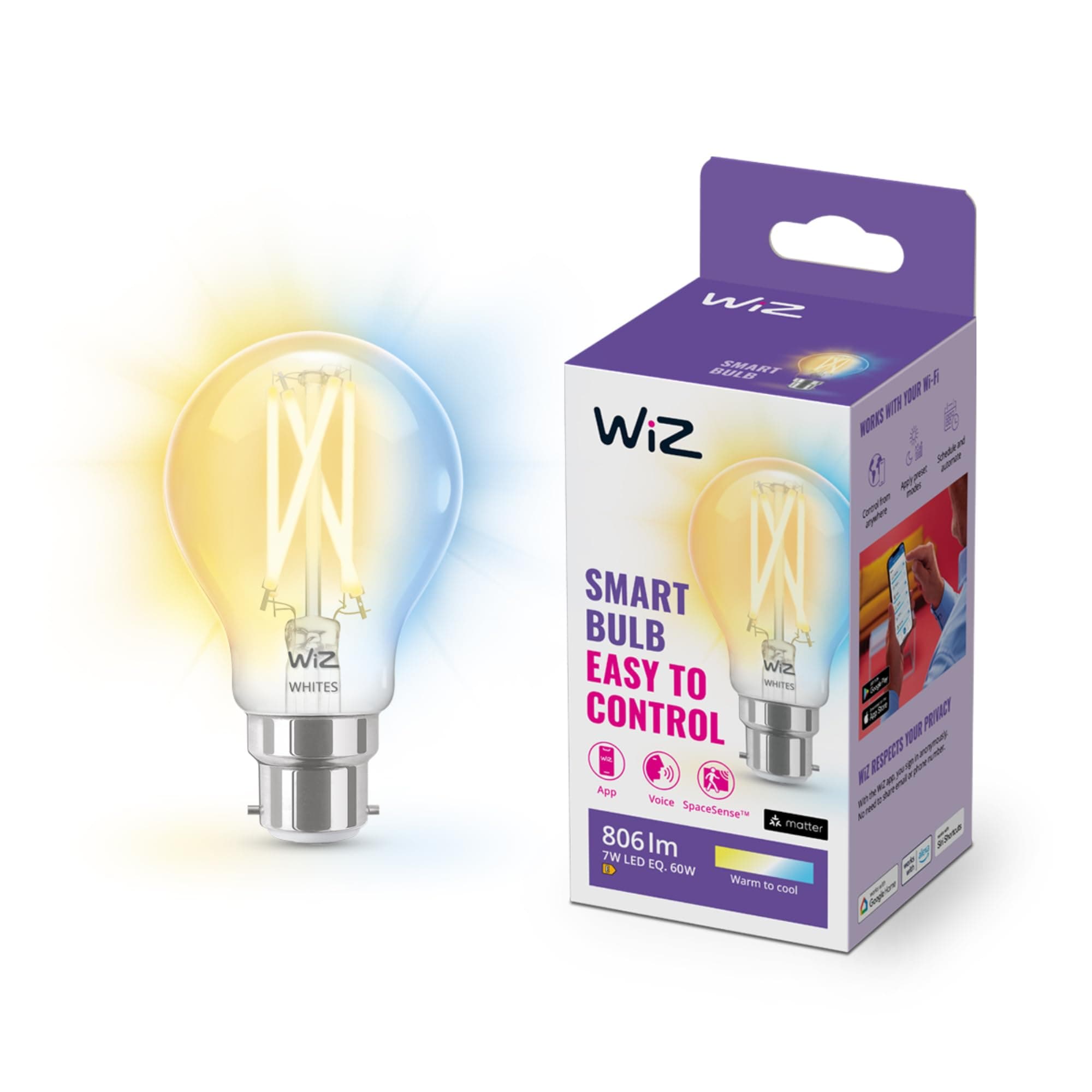 WiZSmart Bulb, B22 White, Smart Dimming LED, Connected WiFi Works with Alexa, Google Assistant & HomeKit, App Control for Home Indoor Lighting, Livingroom, Bedroom, Energy Monitoring