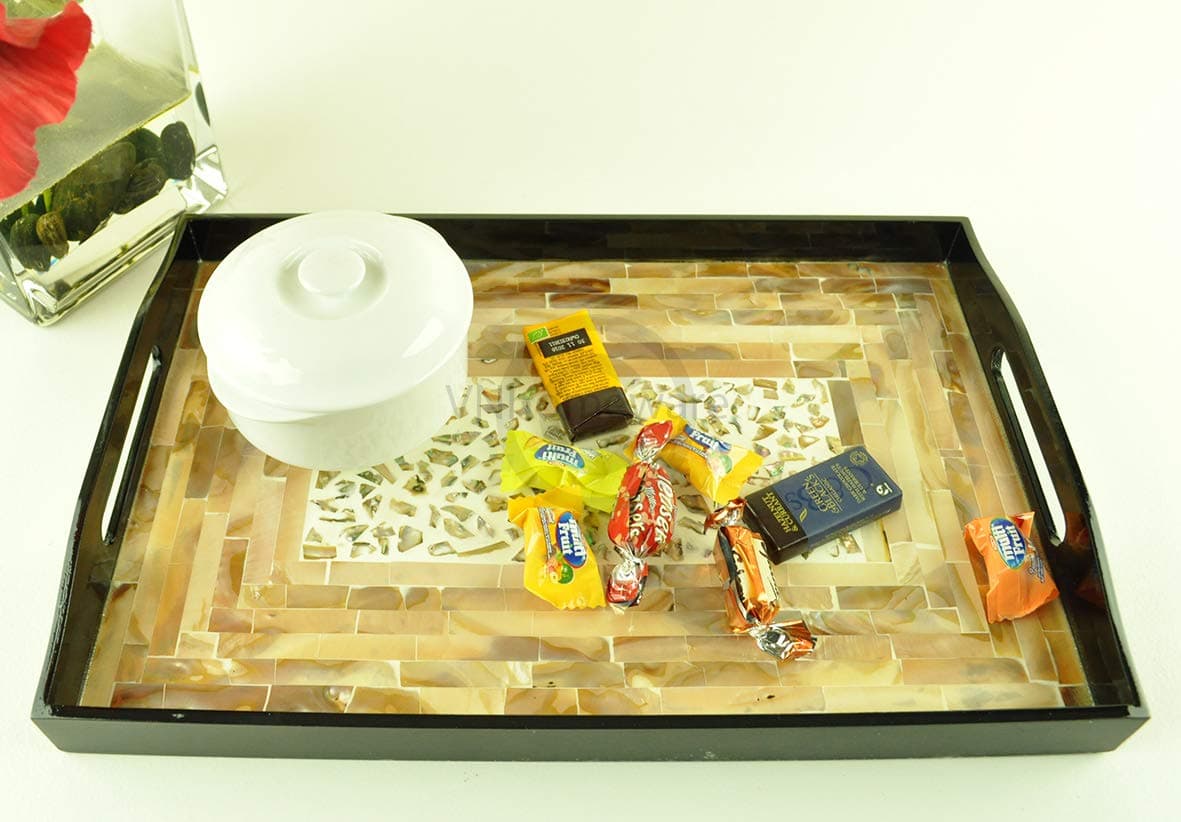 wooden tray handmade serving tray platter rectangular wood tray lacquer inlaid with mother of pearl sea shell fine quality decorative tray medium size brown black, H064M