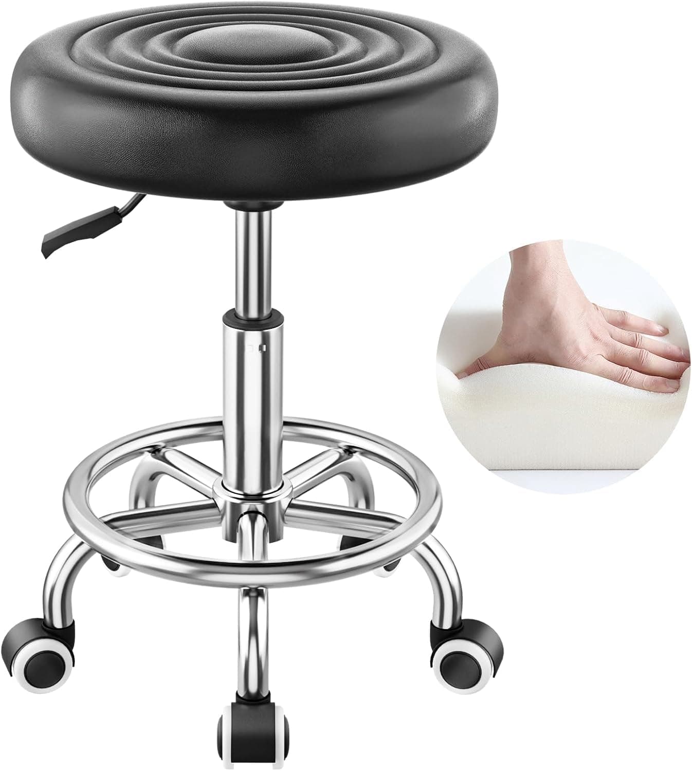 CSS® Round Rolling Stool with Wheels & Footrest – Height Adjustable (16.5"–20"), 360° Swivel, PU Leather Seat – Doctor, Salon, Tattoo, Massage Stool – 110 kg Capacity, Black