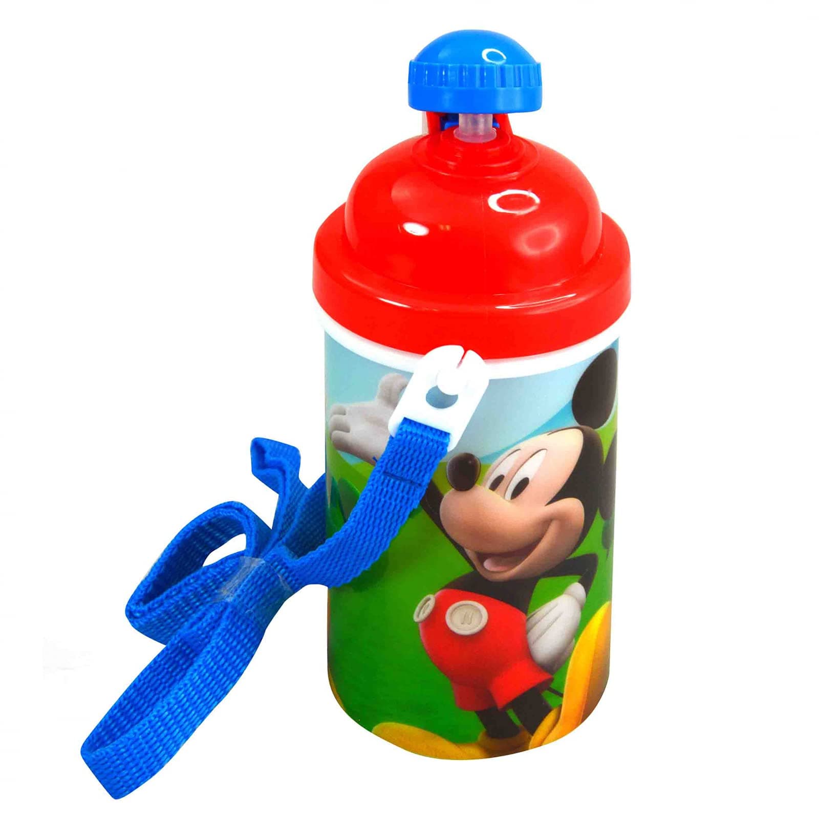 Disney Mickey Mouse One Touch Button Water Bottles with Reusable Built in Straw, Carrying Strap - Safe Approved BPA Free, Easy to Clean, for Kids Girls Boys, Goodies Home Travel