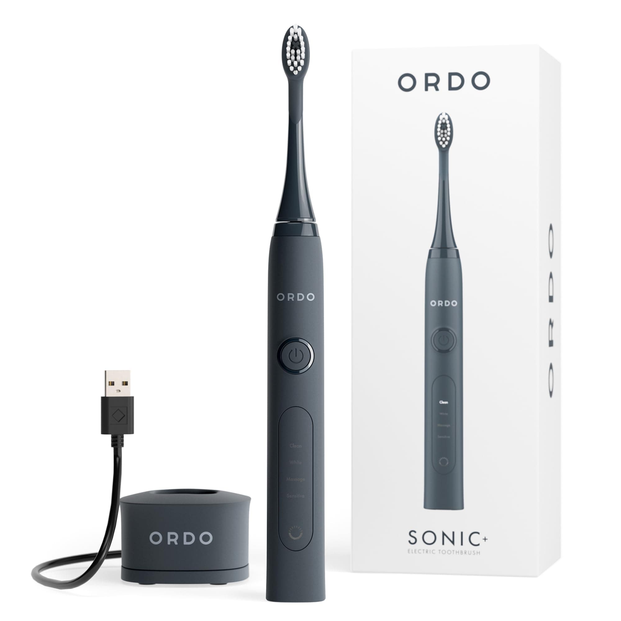 Sonic Electric Toothbrush Advanced Smart Tech with 4 Brushing Modes Fast Rechargeable Battery and Silicone-Polishing Element USB Charger for Adults Black Charcoal Grey