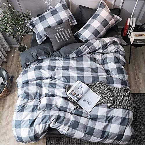Duvet Cover Set Full Queen Size Gingham Microfiber Blue Gray White Bedding,,3 PieceDuvet & Down Comforter Cover ( No Comforter ) and 2 Pillowcases