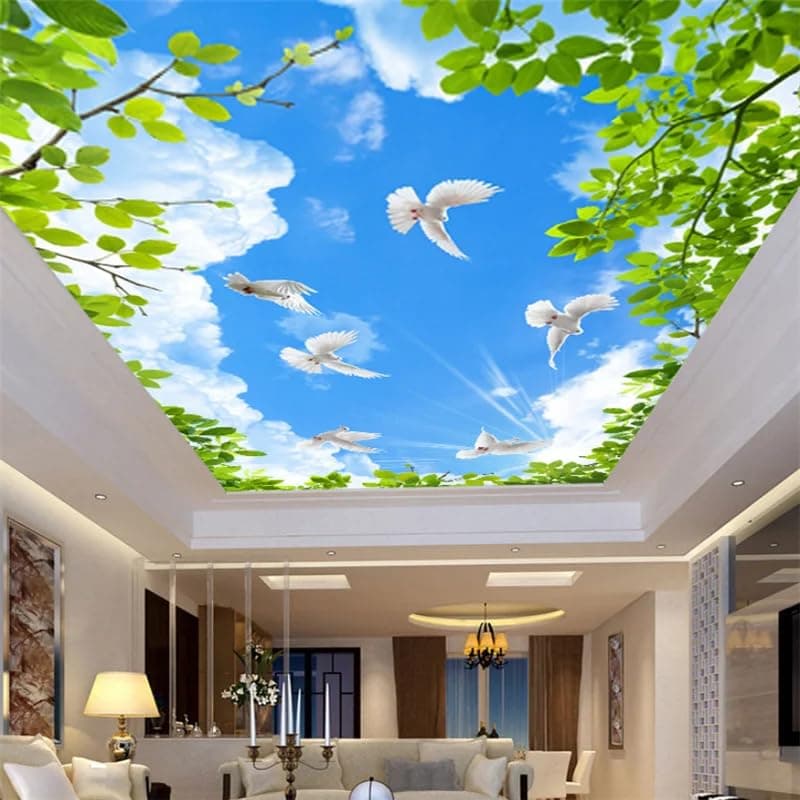 Custom 3D Ceiling Peel and Stick Wall Mural Sky Blue Sky White Birds Background Wall Paper Hotel Living Room Bedroom Mural