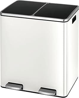 Arlopu Dual Trash Can, 2 x 8 Gallon (2 x 30 L) Hands-Free Trash and Recycle Bin Combo, Stainless Steel Kitchen Garbage Can with Soft-Close Lid, Removable Inner Buckets, Step Pedal, Airtight (White)
