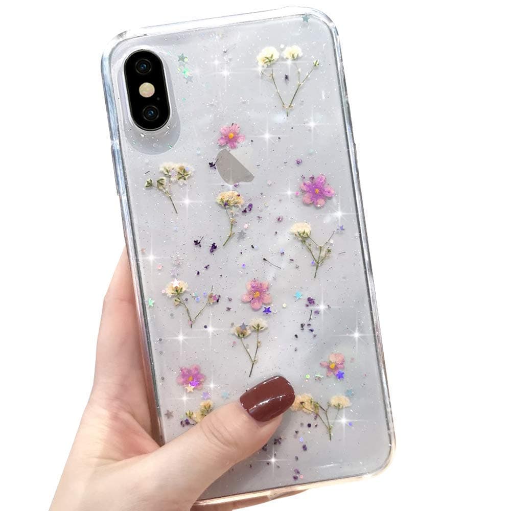 L-FADNUT for iPhone X Case iPhone Xs Case Clear Cute Dried Real Flowers with Sparkle Glitter Stars Silicone Shockproof Pressed Floral Girls Women Phone Case for iPhone X/Xs Purple