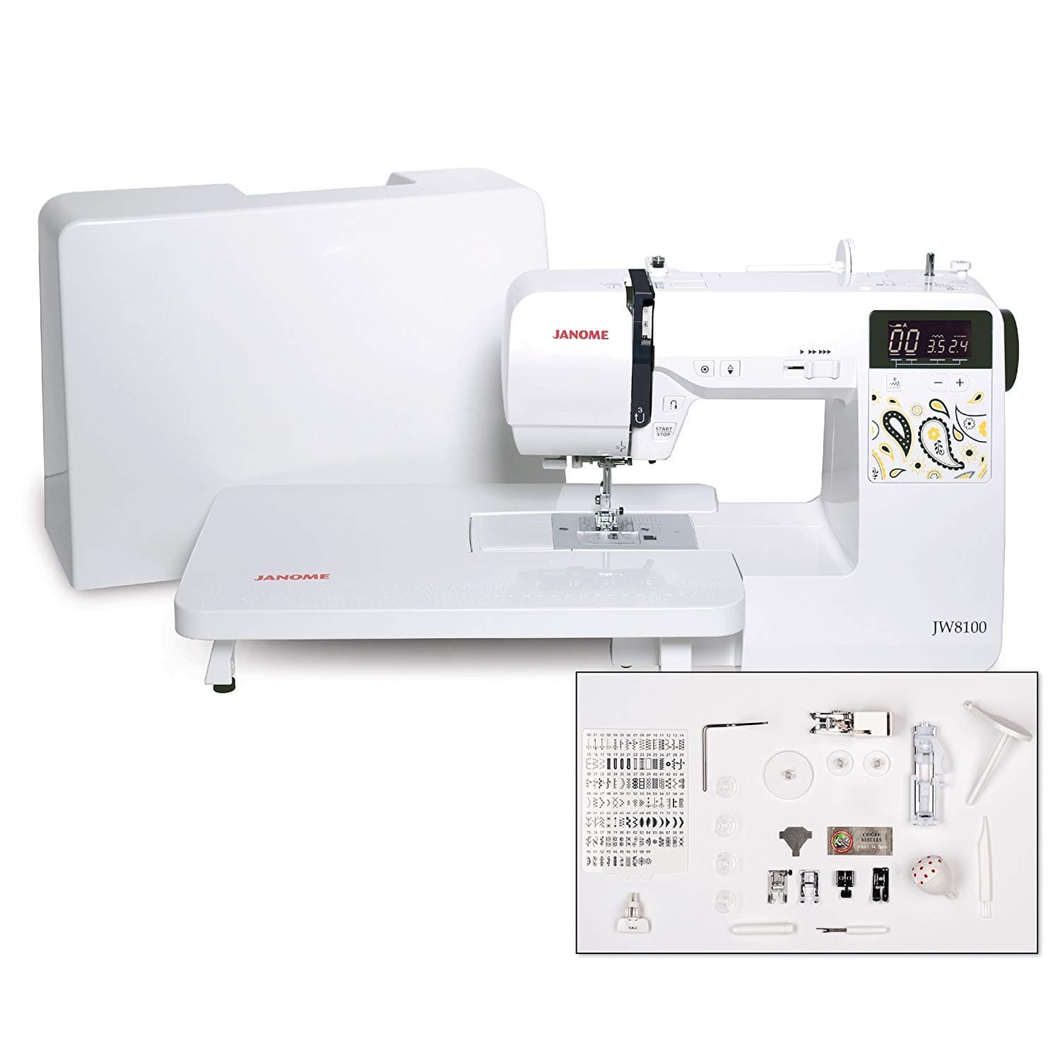JW8100 Fully-Featured Computerized Sewing Machine with 100 Stitches, 7 Buttonholes, Hard Cover, Extension Table and 22 Accessories
