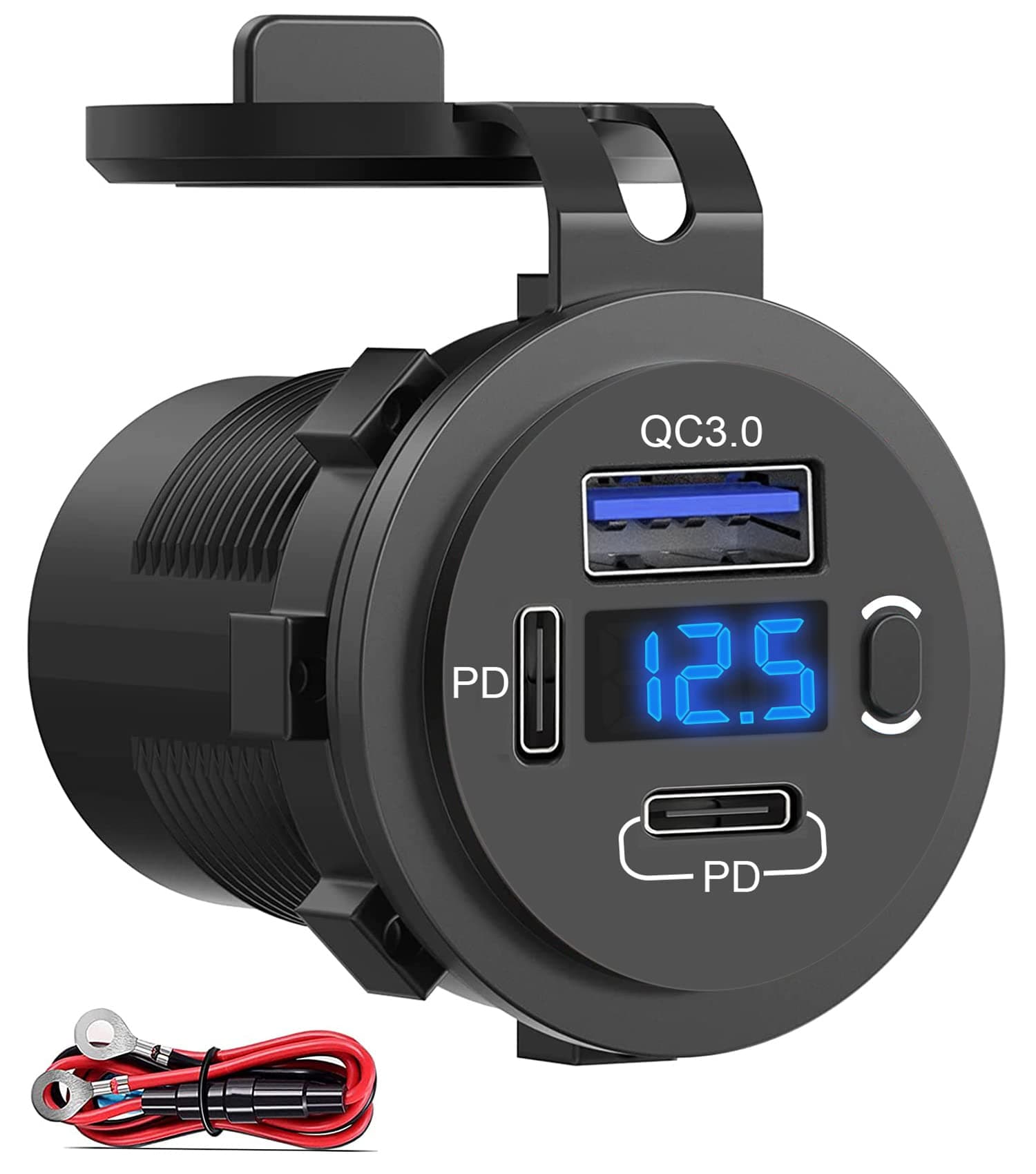 12V USB Outlet, Dual USB C Car Charger Socket & Quick Charge 3.0 Port with Voltmeter and Power Switch for Car Boat Marine Truck