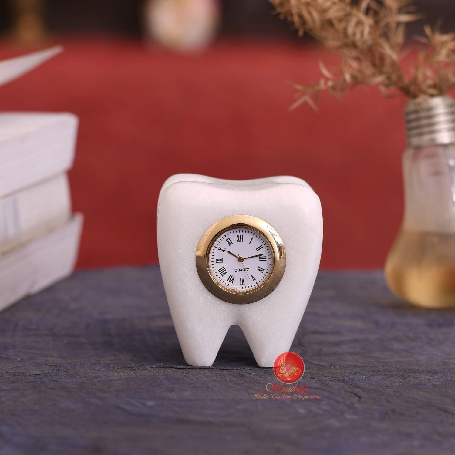 SAUDEEP India Tooth Shape Dentist Desk Marble Analog Table Clock for Decor and Paper Weight, Ideal Gift for Dentists and Doctors (Dentist Clock), 50 Mm X 7.5 Cm,White