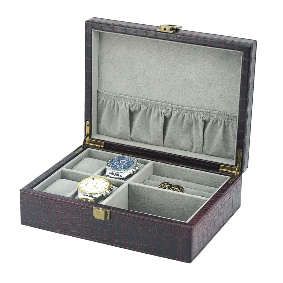 Decorebay Executive PU Crocodile Leather Watch Box, Cufflink, Ring Storage Jewelry Box Organizer for Men (Seal Brown)