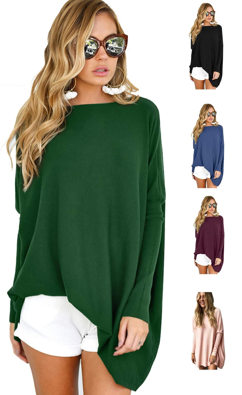 Letsrunwild O-Neck Batwing Long Sleeve Loose Casual Oversized Pullover T-Shirt Tunic Tops For Women Green-L