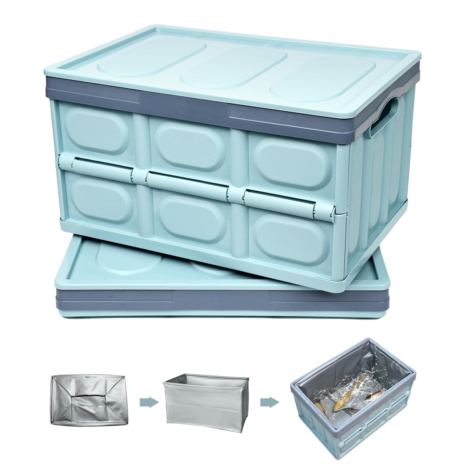 MULISOFT 8 Gallon Plastic Storage Bins with Lids, Collapsible Storage Bins with 1 Waterproof Bagn, Blue