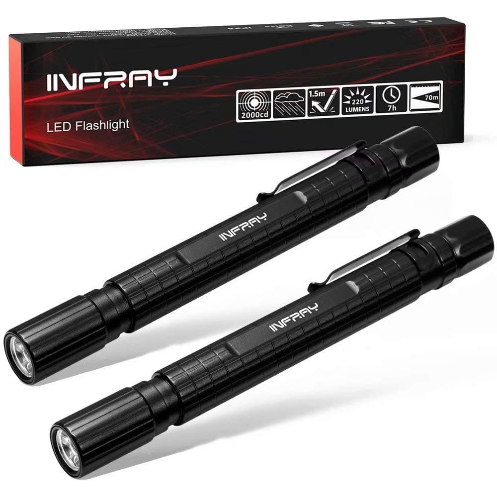 INFRAY LED Pen Light Flashlight (2PACK), Zoomable, Small EDC 220 Lumens Penlight for Inspection, Repair, Camping. IPX5 Water-Resistant, 3 Modes (High, Low, Strobe)