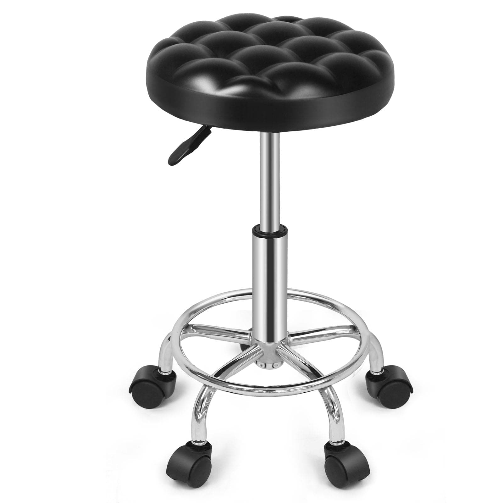 Round Rolling Stool: Vanity Chair with PU Leather Height Adjustable 360° Swivel Stool with Wheels for Office Home Drafting Work Studio Shop SPA Salon