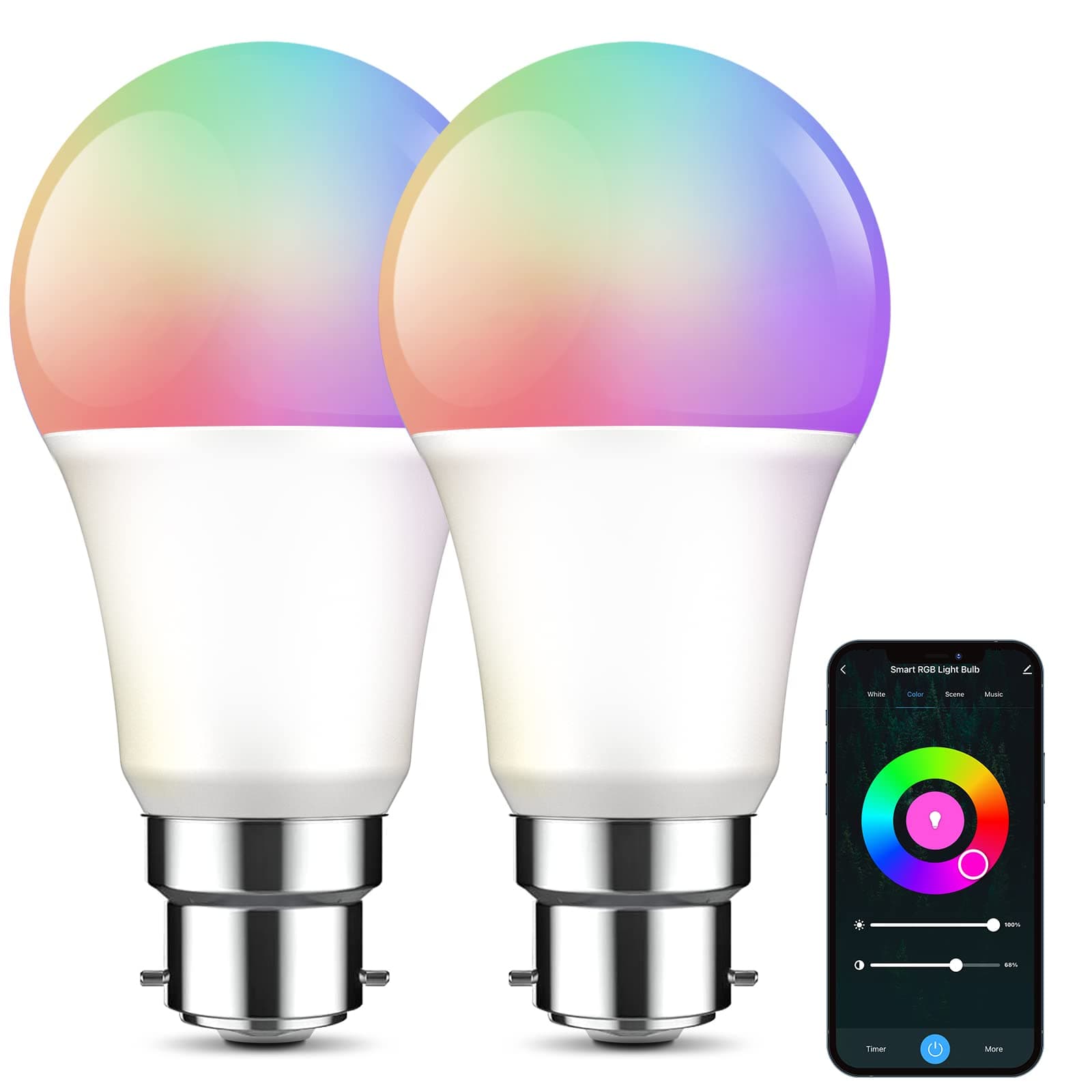 Gosuna Smart Light Bulb, Energy Saving, APP Control, Compatible with Alexa, Google Home, WiFi 8W (75W Equivalent), No Hub Required 2.4Ghz Only, RGB+W (2 Pack) [Energy Class A]