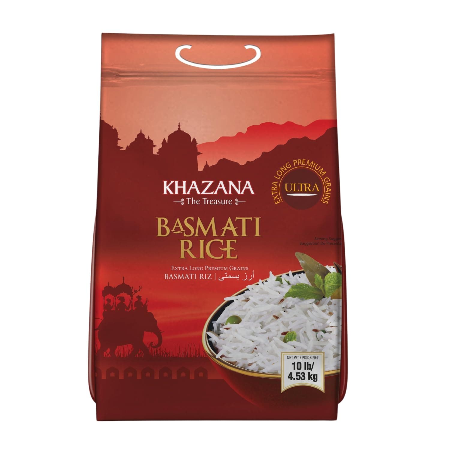 Authentic Extra Long Basmati Rice by Khazana in 10 lb Bag - Aromatic and Flavorful Indian Grain - Non-GMO, Gluten Free, Kosher, Cholesterol Free