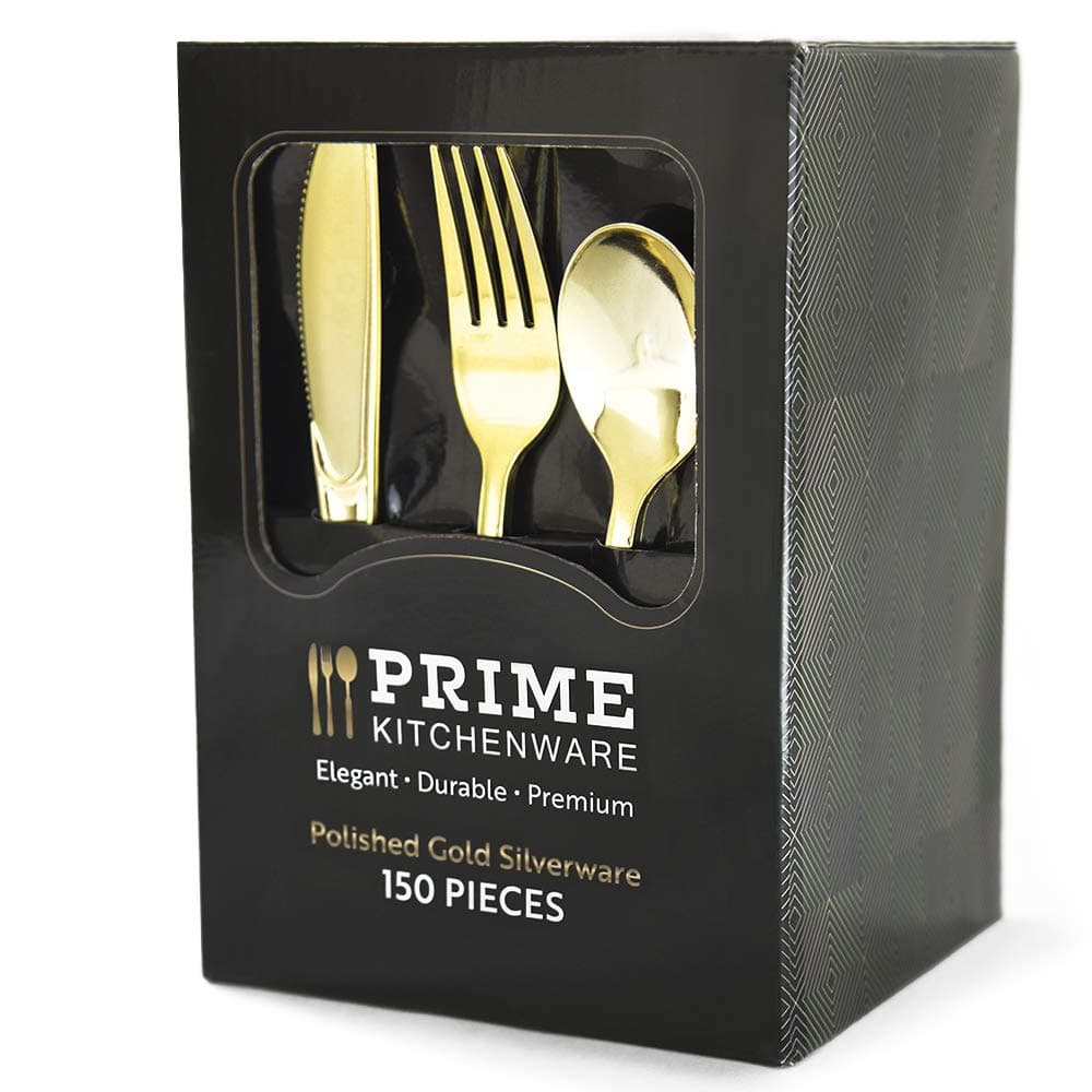 150 Gold Plastic Silverware Set - Gold Disposable Silverware - 50 Gold Plastic Forks, 50 Gold Plastic Spoons, 50 Gold Plastic Knives - Heavy Duty Bulk Cutlery for Party, Birthday, Weddings