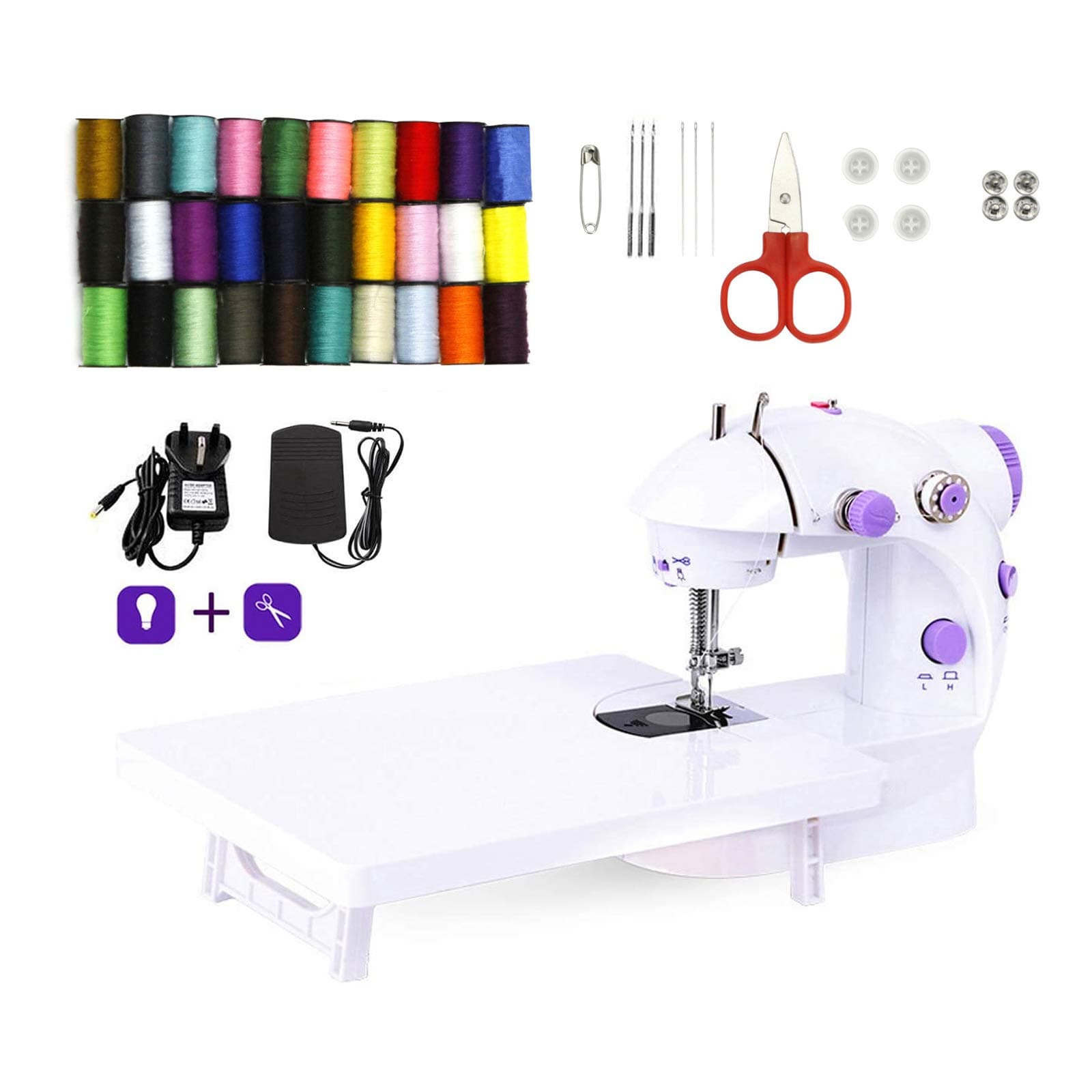 LMYJ Mini Sewing Machine with Extension Table and 53PCS of Sewing Accessories, Upgraded Portable Two Threads Double Speed Double Switches Household Kids Beginners Travel Automatic Sewing Machine