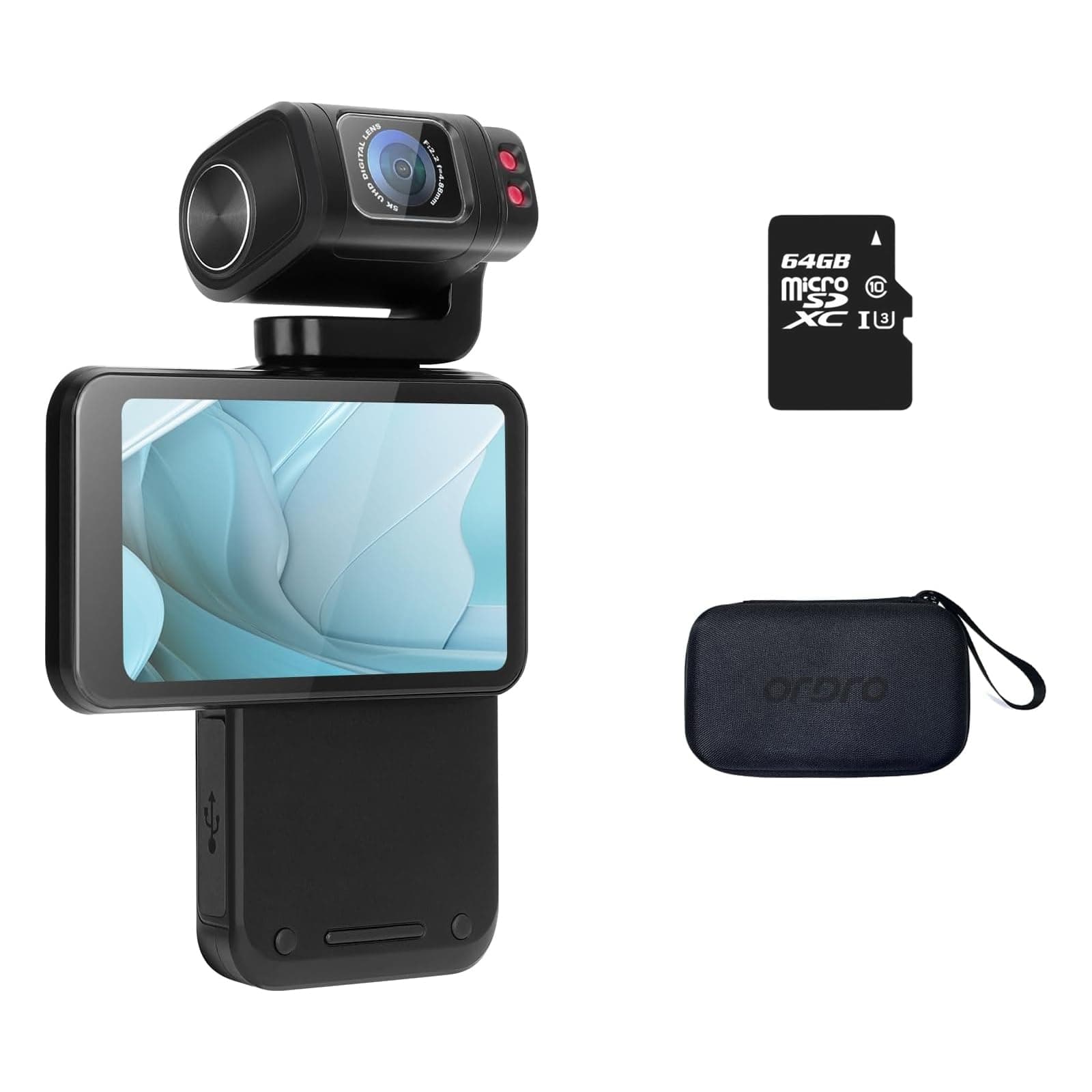 M3 Handheld Vlog Camera, 5K Pocket Camera with 3.5-inch Flippable Touch Screen, 3250mAh Large Capacity Battery, IR Night Vision Function+64G Memory Card