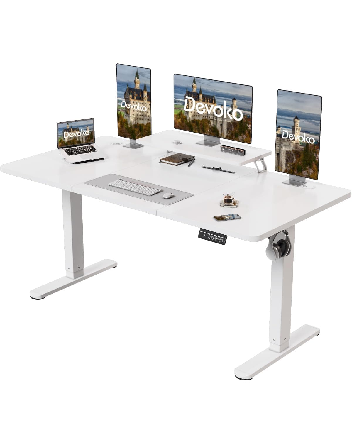 Devoko Electric Standing Desk 160 x 70cm Height Adjustable Standing Desk with Monitor Stand, Stand Up Table for Home Office with 2 Memory Smart Pannel Sit Stand (White)