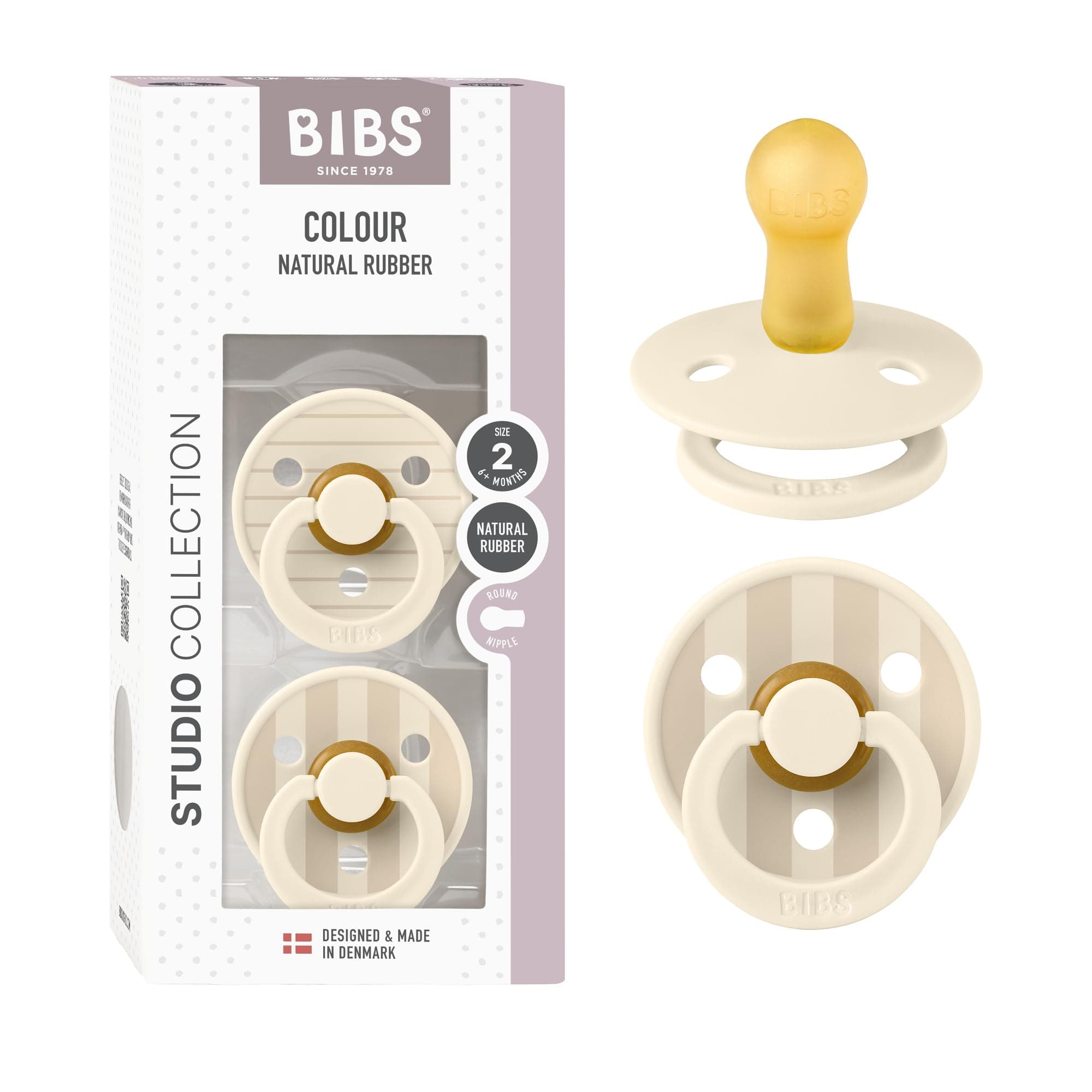 Colour Studio Soother 2-Pack, BPA Free Dummy Pacifier, Round Nipple. Natural Rubber Latex, Made in Denmark, Size 2 (6-18 Months), Pin Ivory Vanilla