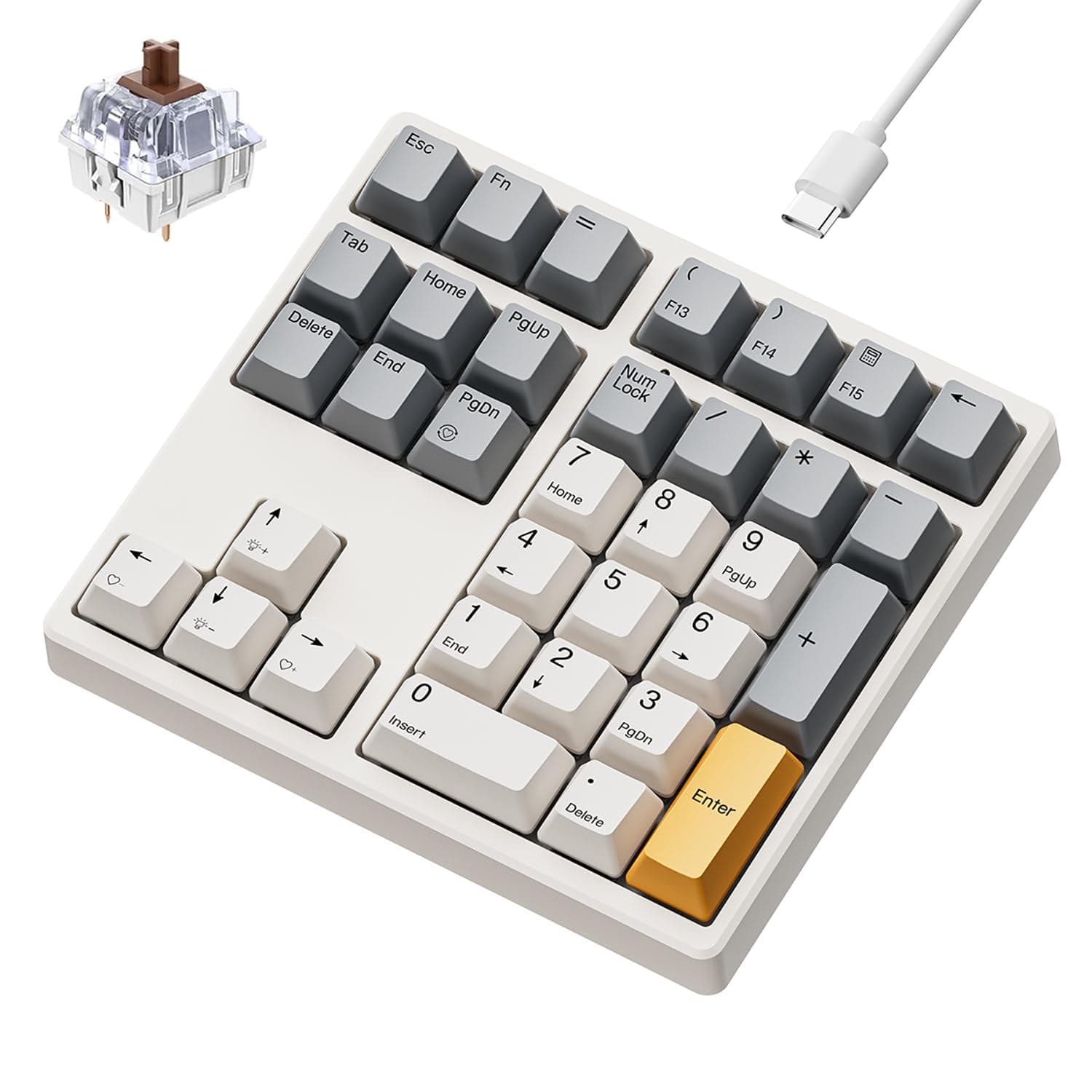 Mechanical Number Pad,34 Key Wired USB Numeric Keypad White Backlit Hot Swappable Numpad with PBT Keycaps for Laptop, MacBook,PC Desktop (Retro Beige,Brown Switch)