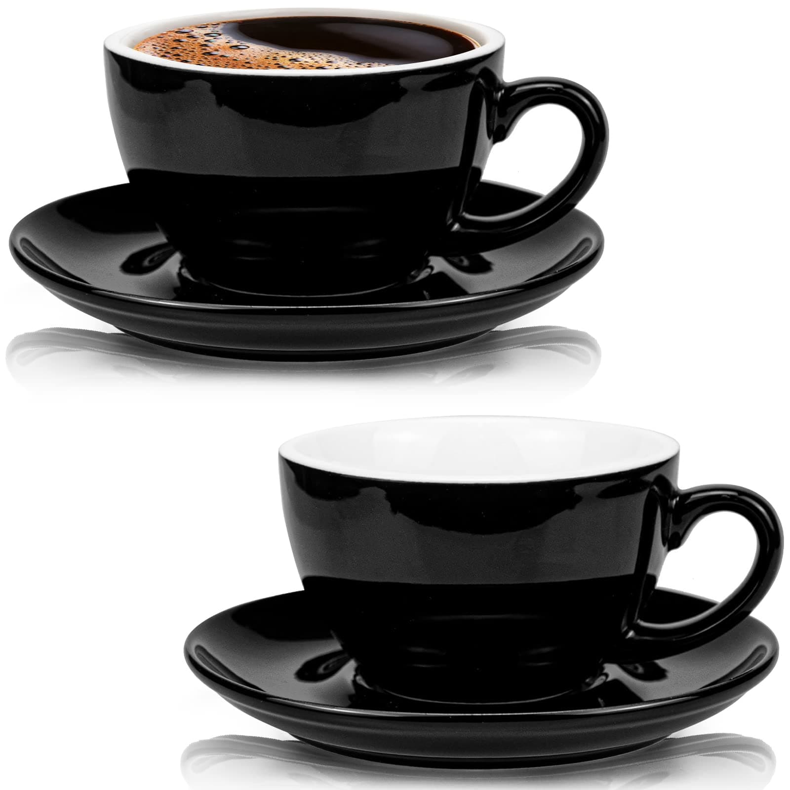 2 Pack 8.5 oz Coffee Cup and Saucer, Ceramic Glossy Black Cappuccino Cups with Saucers for Coffee Shop and Barista, Perfect for Specialty Coffee Drinks, Latte, Cafe Mocha and Tea