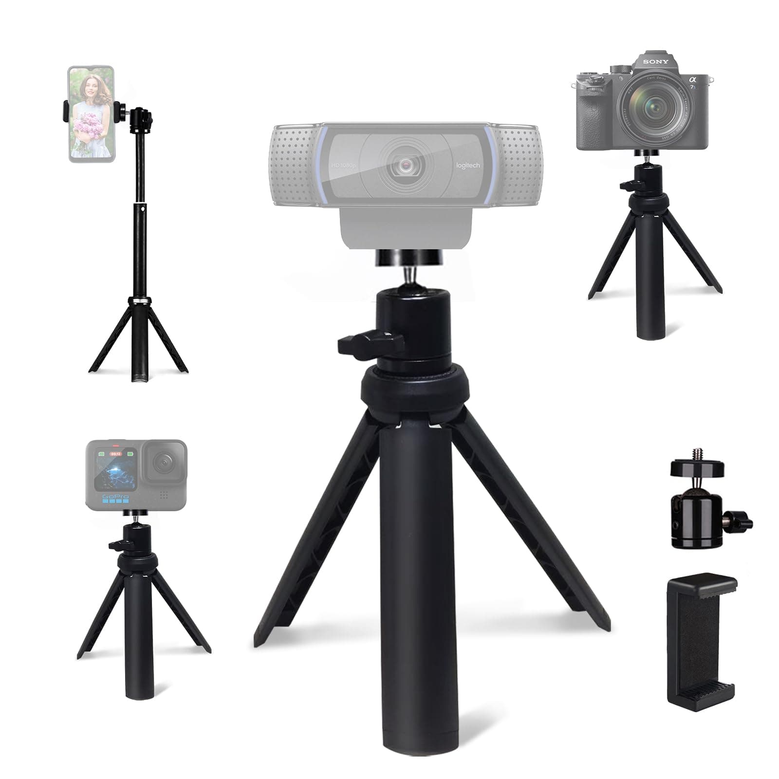 Lightweight Mini Tripod for Camera/Phone/Webcam, Extendable Stand, for NexiGo Logitech Webcam C920 C922 C925e C922x C930e C930 C615 Brio and Other Devices with 1/4" Thread