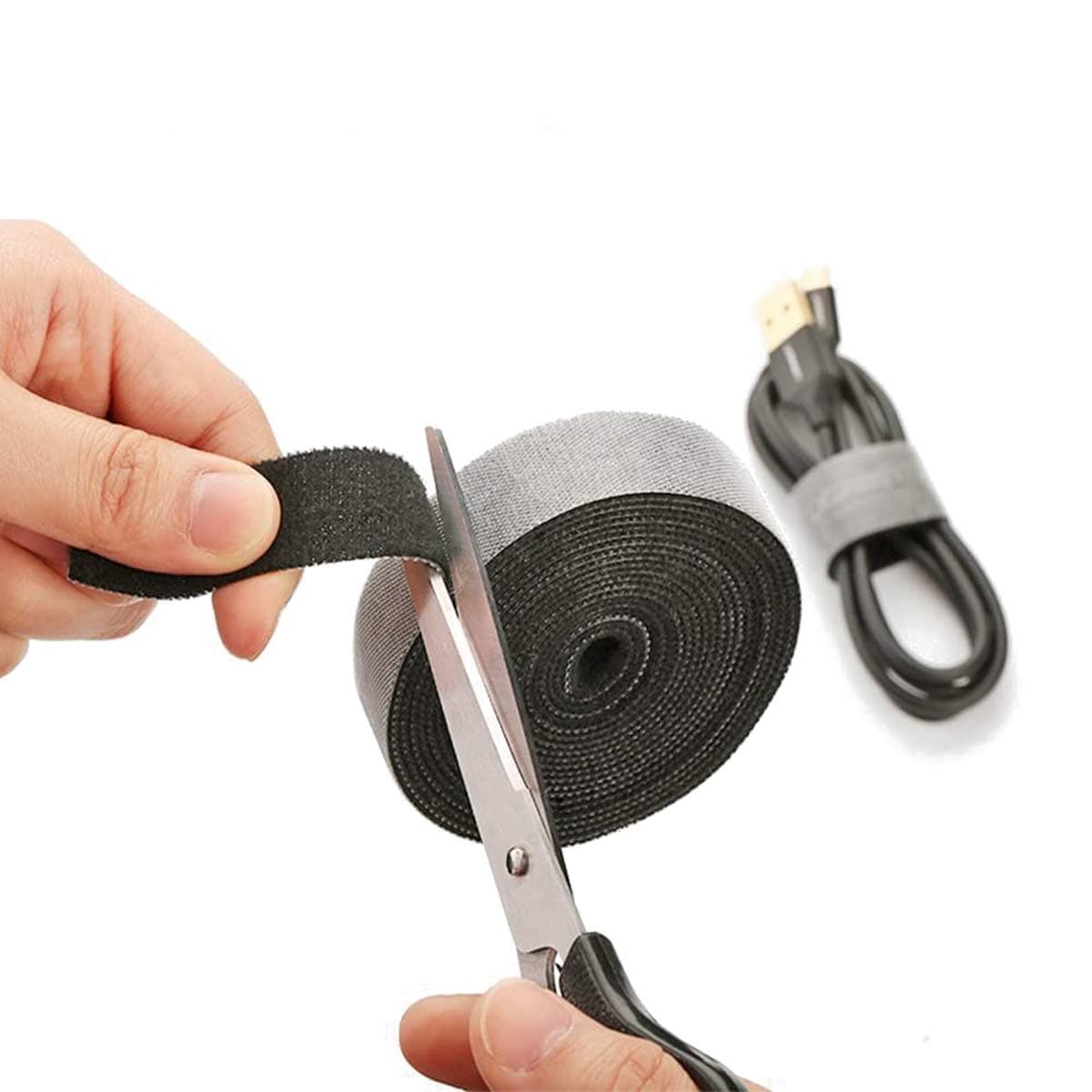 Cable Tidy Management, Fastening Tape Sticky Strips Hook Loop Reusable and Flexible Wire Ties Cable Organizer for Computer, TV, Power and Other Cables - Black 5Meter