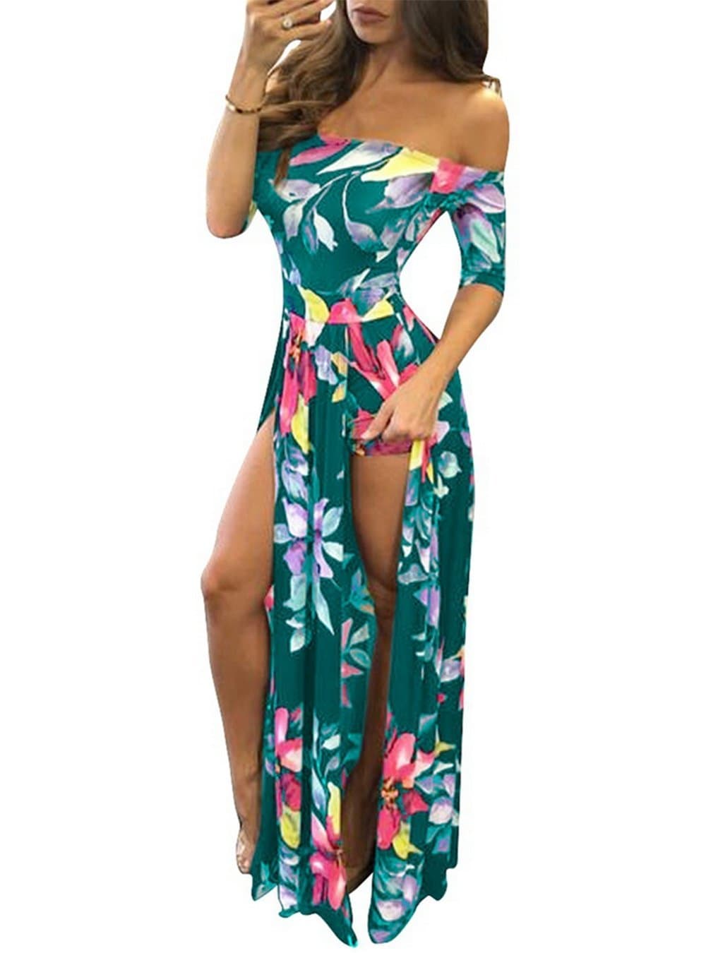 VIEWIM Women's Plus Size Floral Off The Shoulder Split Beach Party Romper Maxi Dress