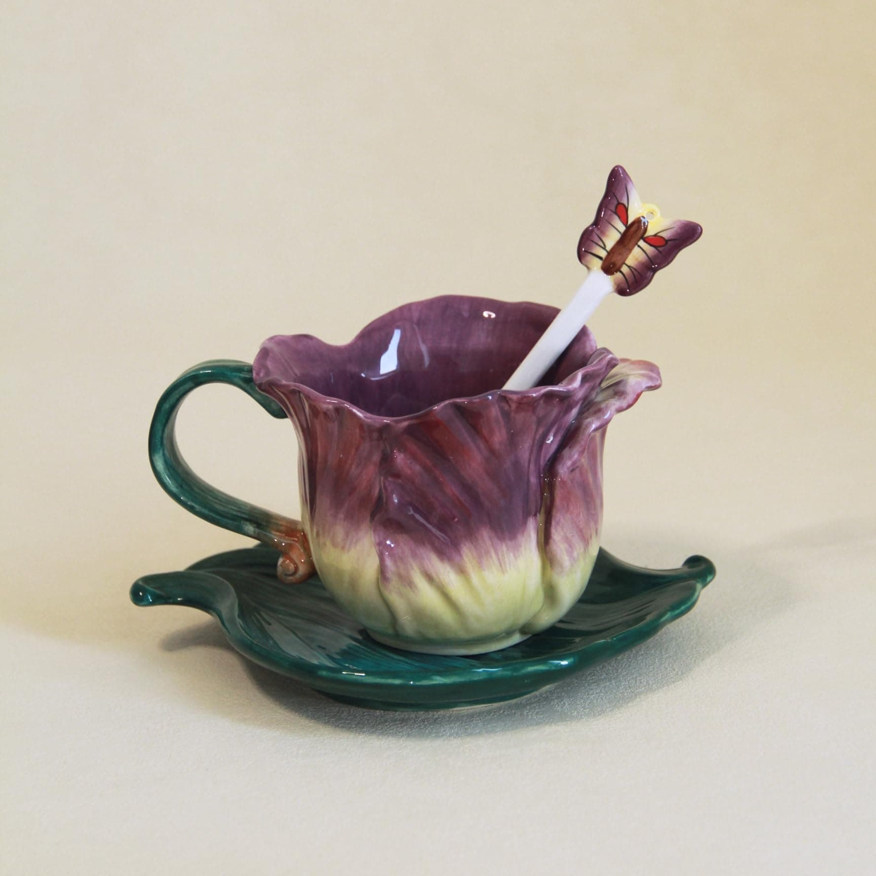 Ceramic Tea Cup and Saucer Set ，6OZ 3D Hand-Painted Flower and Lotus Leaf Coffee Mug，Gift for Women- Purple Tulip