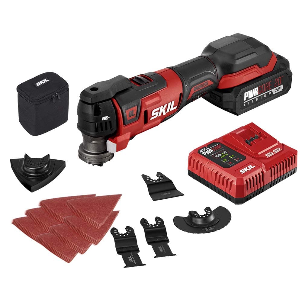 PWR CORE 20 Brushless 20V Oscillating Tool Kit with 35pcs Sanding Paper, 3 Blades, Sanding Pad, Rigid Scraper, Accessory Case, Includes 2.0Ah Lithium Battery & PWR JUMP Charger - OS5937-10