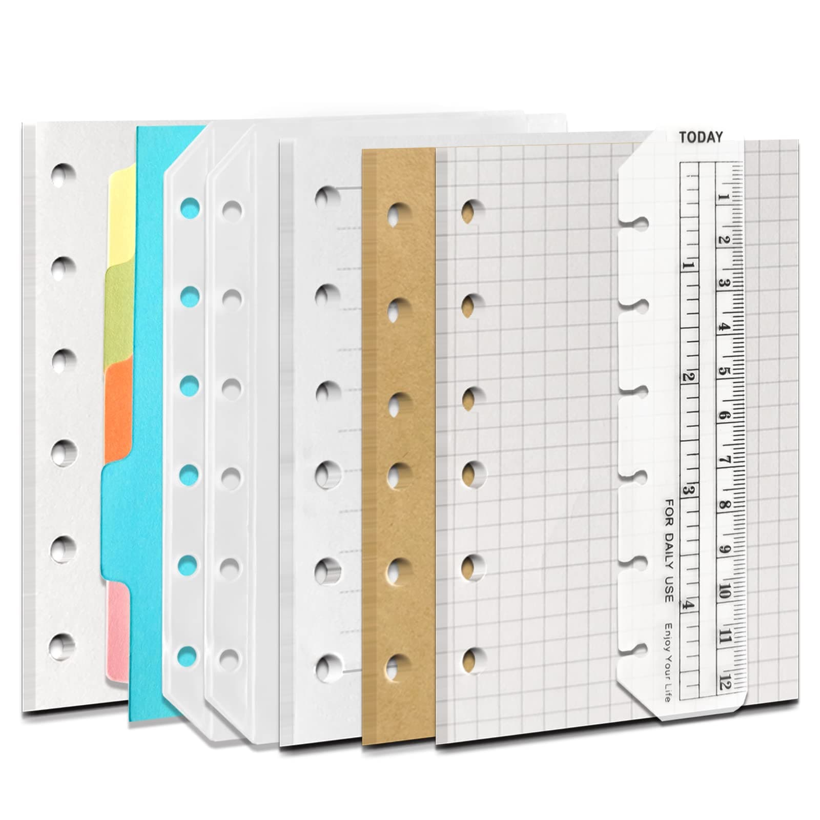 A7 6-Hole Binder Notebook Refills Set paper + Lined + Kraft + Blank Loose Leaf (180 Sheets /360 Pages, 45 Sheets Each) + A7 Storing Bag