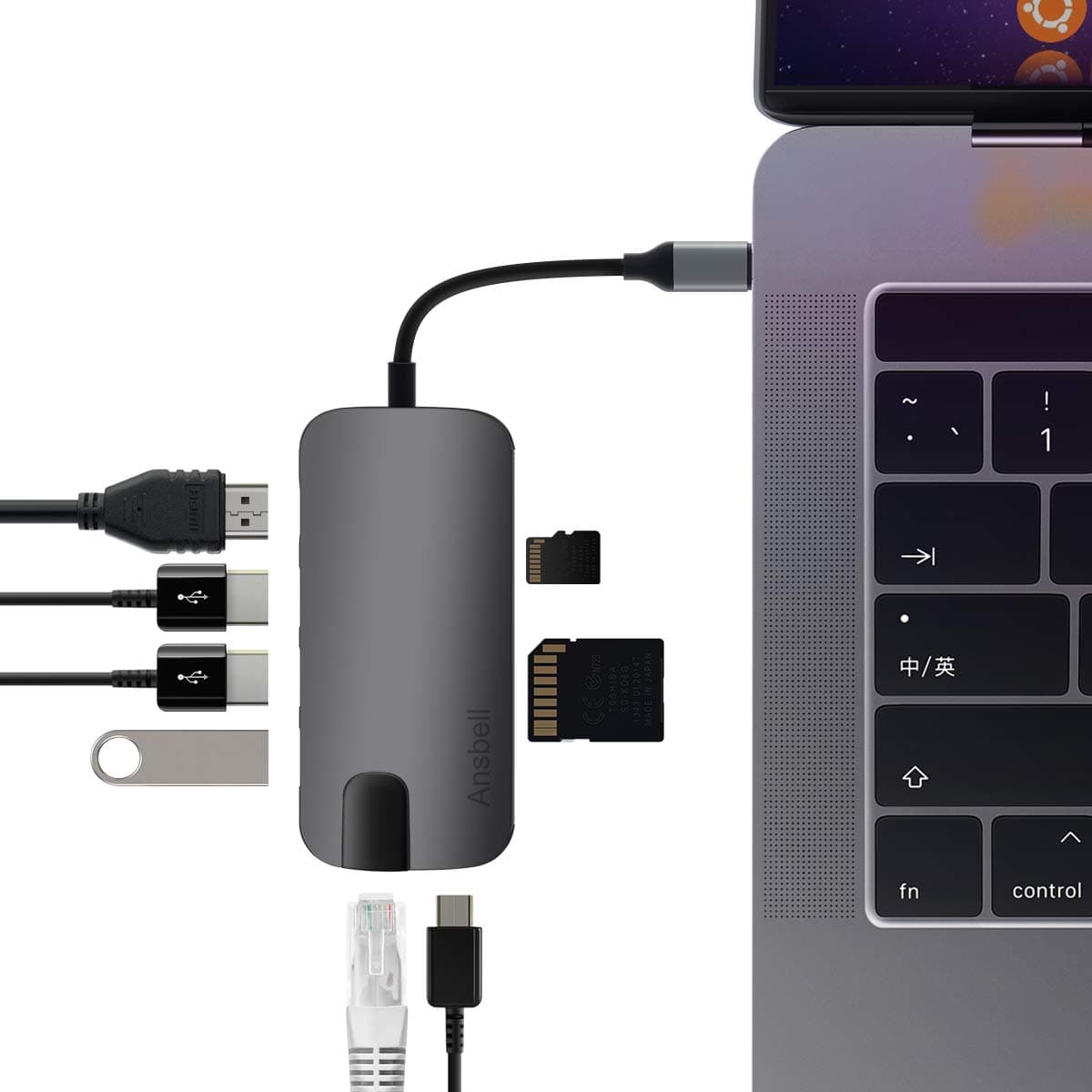 USB C Hub 8 in 1 Ansbell USB Type C Adapter Dongle With HDMI Port,Gigabit Ethernet Port,Type-C Pass Through,3 USB 3.0 Ports,SD & Micro SD Card Reader USB-C For MacBook Pro 2017/2016(Gray)