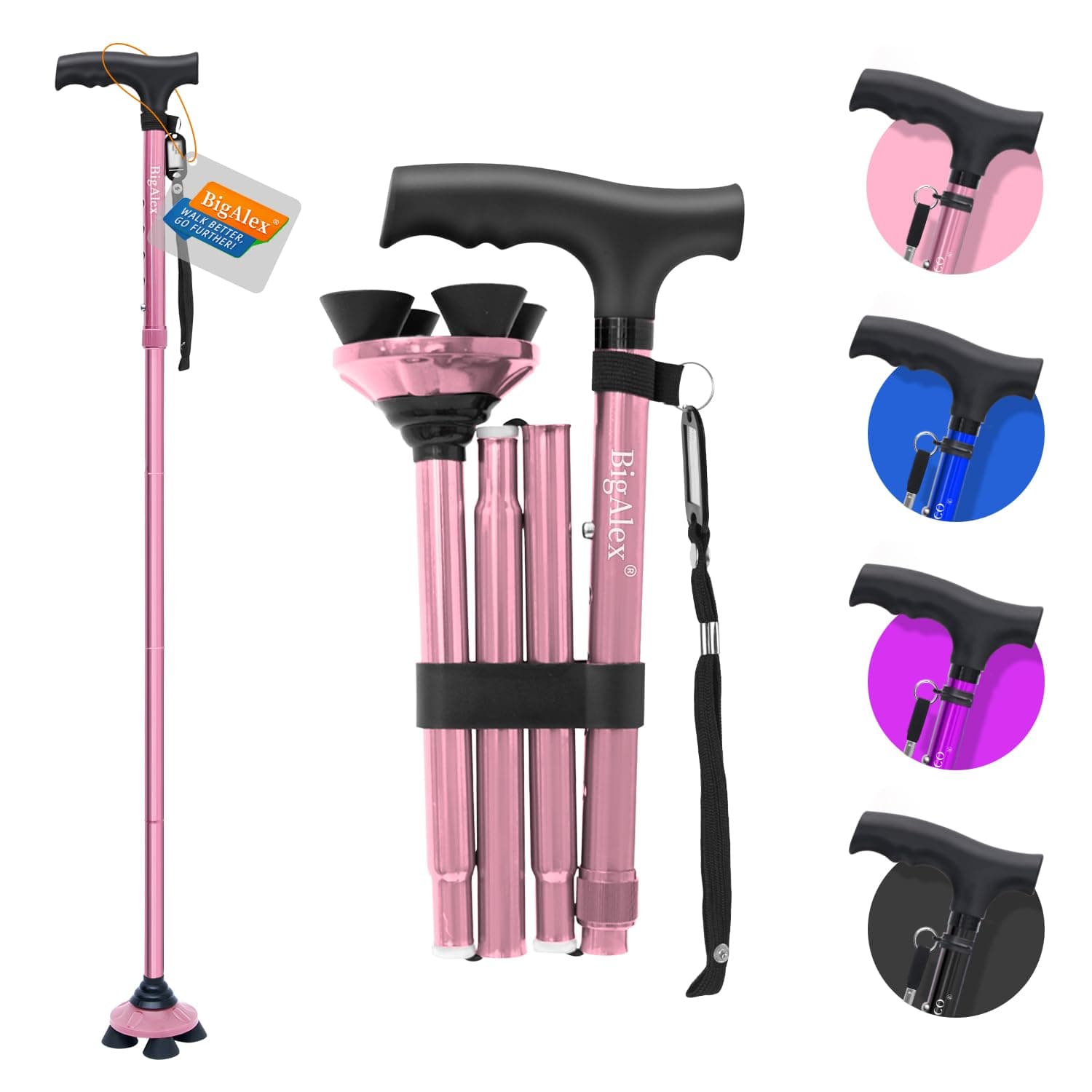 Folding Walking Cane for Elderly Adjustable & Portable Walking Stick for Seniors,Pivoting Quad Base,Lightweight,Collapsible with Carrying Bag for Men/Woman