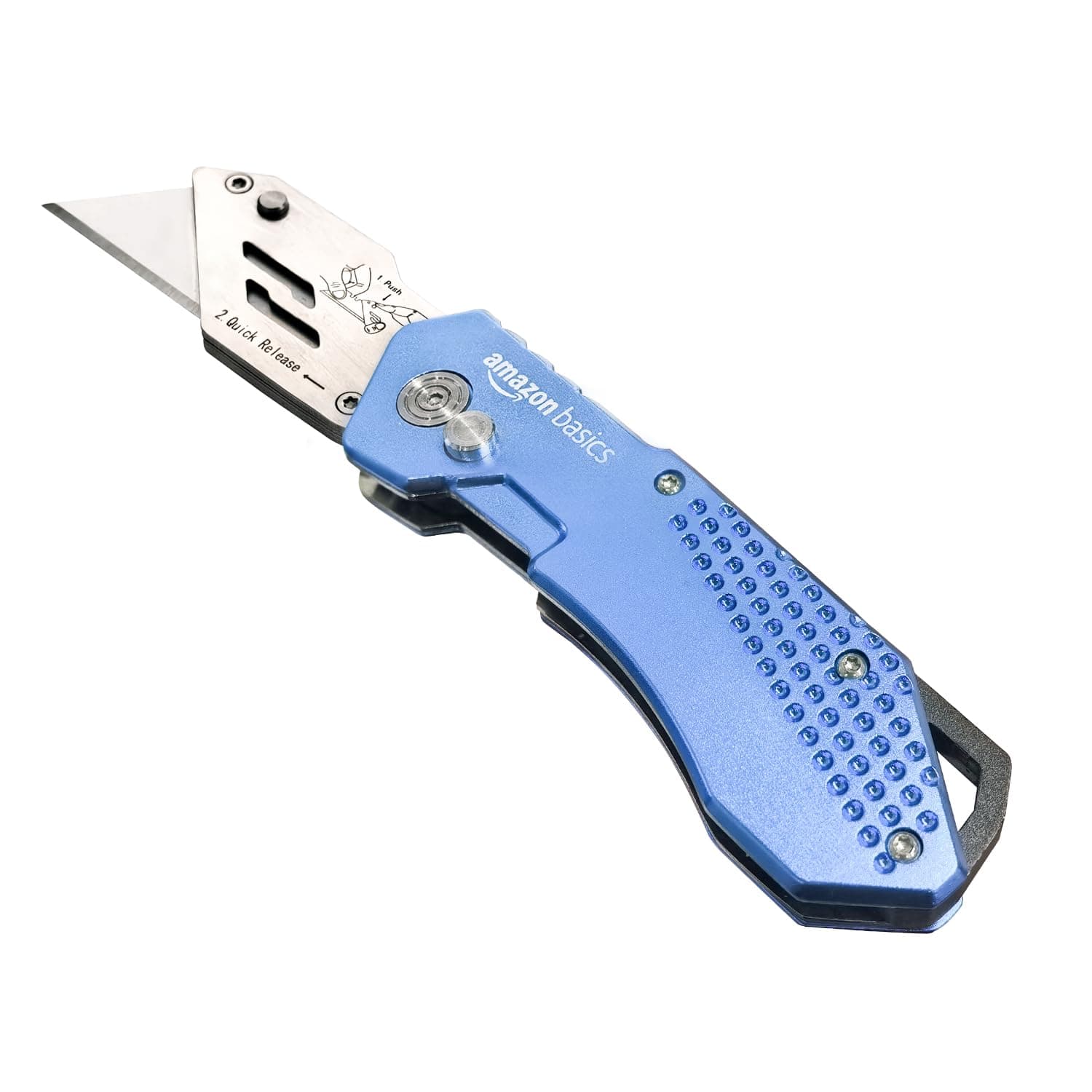 Folding Utility Knife Box Cutter with Locking Mechanism, Quick Change Blade, Lightweight Aluminum Body, Holster, Light Blue