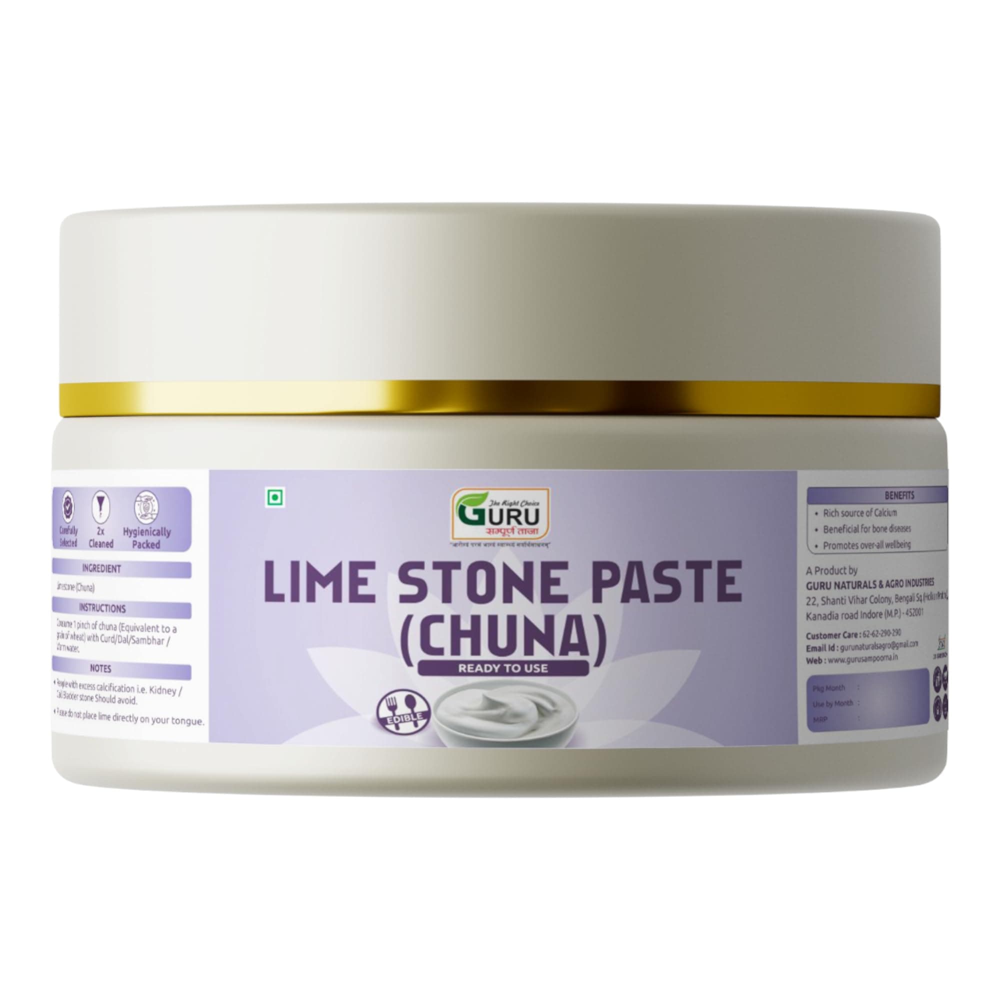 GURU Edible Limestone (Chuna Paste) :- 75 gm | Good for Bone Health | Rich in Calcium | Paan Chuna Paste