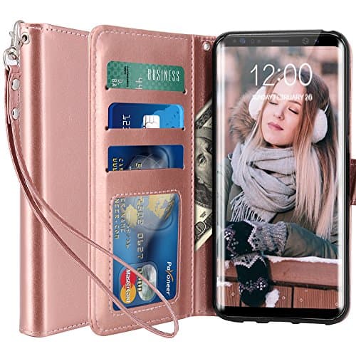 Galaxy S8 Plus Case, LK [Wrist Strap] Luxury PU Leather Wallet Flip Protective Case Cover with Card Slots and Stand for Samsung Galaxy S8 Plus (Rose Gold)