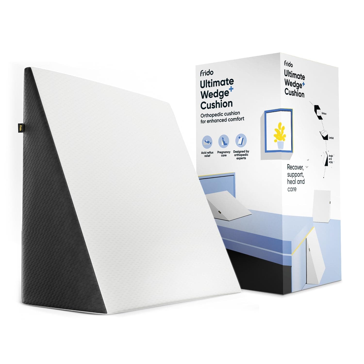 Frido Wedge Plus Pillow for Back Support, Multipurpose Cushion for Sleeping & Acid Reflux, Dual Foam Layers, Leg Elevation, Pregnancy & GERD Relief, Pack of 1 (White & Grey)