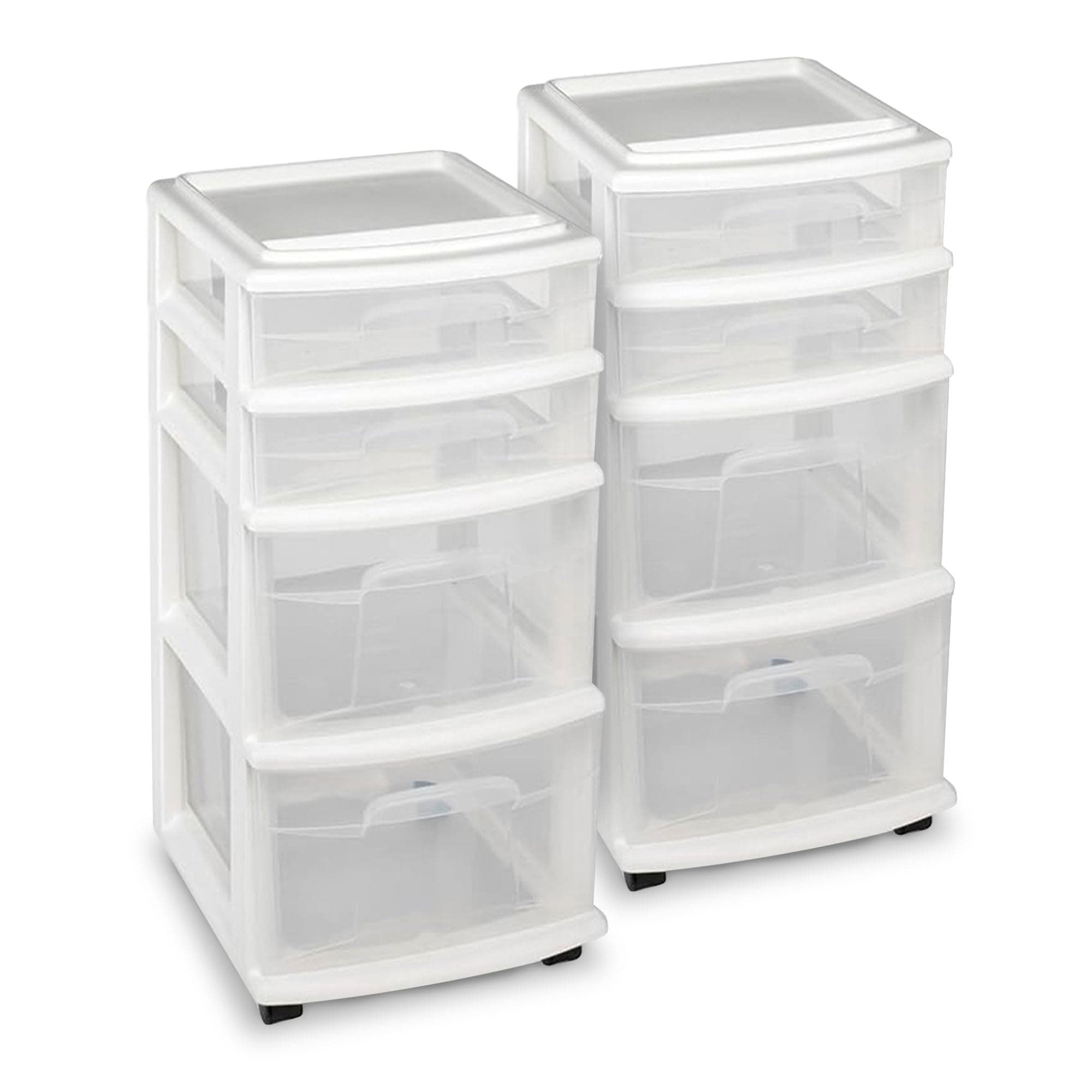 2-Pack Drawer Tower, 4-Tier Clear Plastic Storage Organizer Cart, White Frame - Organizing Containers with Wheels for Home, Bathroom, Bedroom, Office, and Classroom