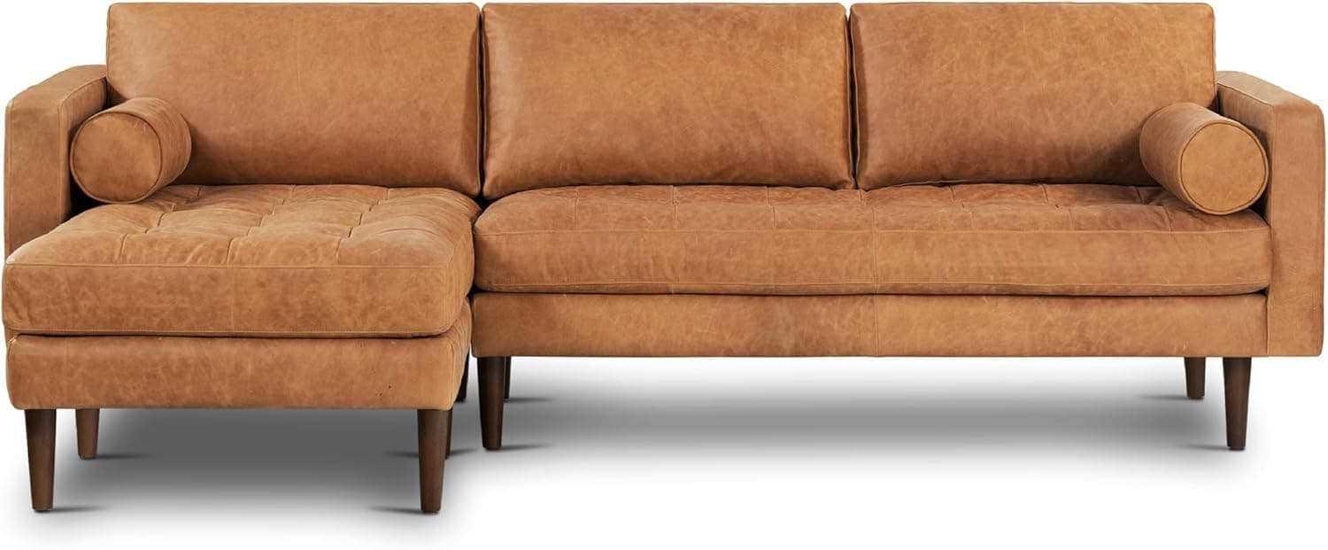 POLY & BARK Napa 104.5" Left-Facing Sectional Sofa – Cognac Tan Full-Grain Pure-Aniline Italian Leather, Feather-Down Cushions, Kiln-Dried Solid Wood Frame, Walnut Legs