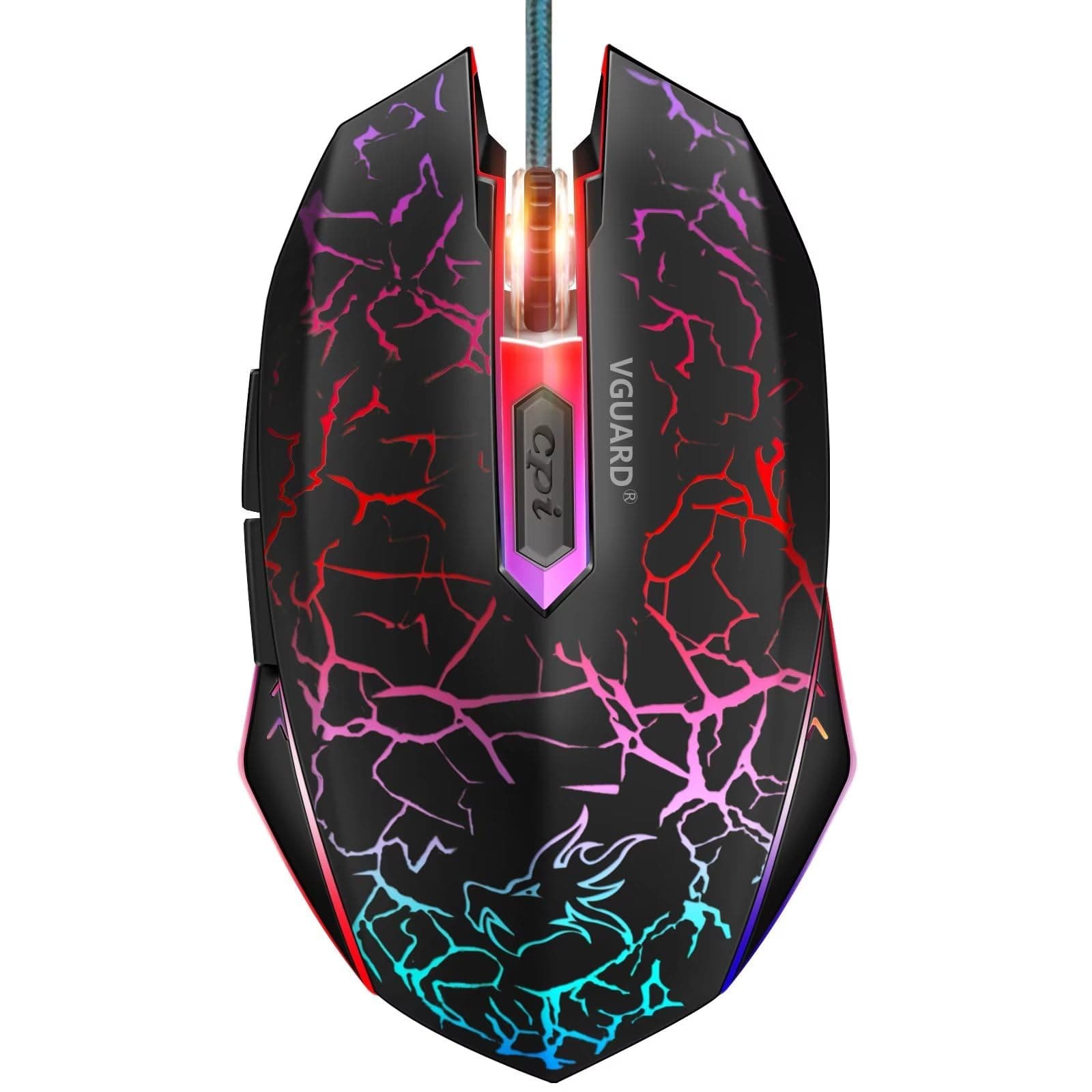 VGUARD Wired Gaming Mouse for Computer, High Precision 4 DPI up to 2400, 6 Programmable Buttons, 7 Colors LED Backlight No Mat - Black (Upgraded Version)