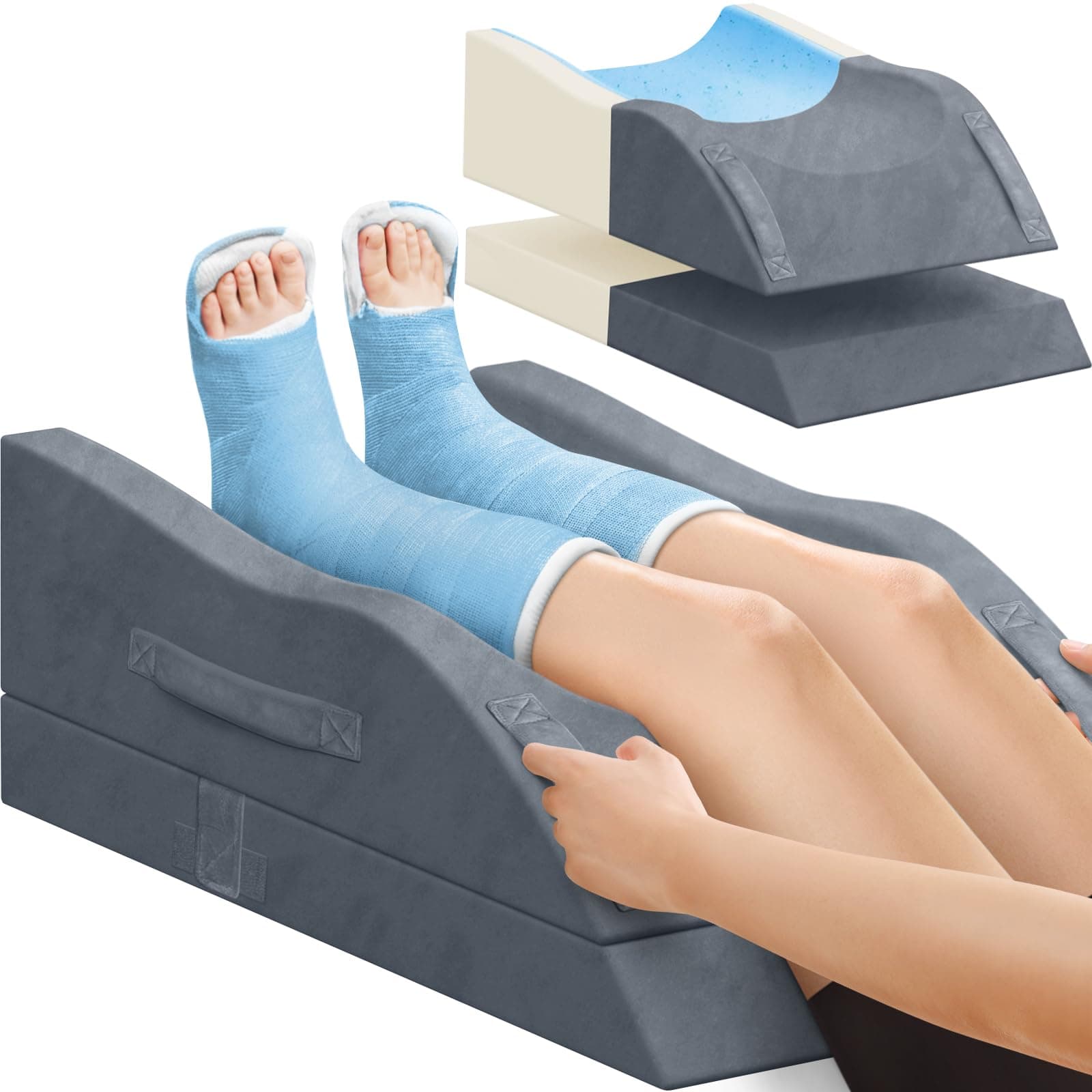 Double Leg Elevation Pillows, Wedge Pillow for After Surgery, Memory Foam Support Adjustable, Comfort Care for Back Knee Hip Ankles Pain, Knee Pillow for Sleeping Blood Circulation Grey