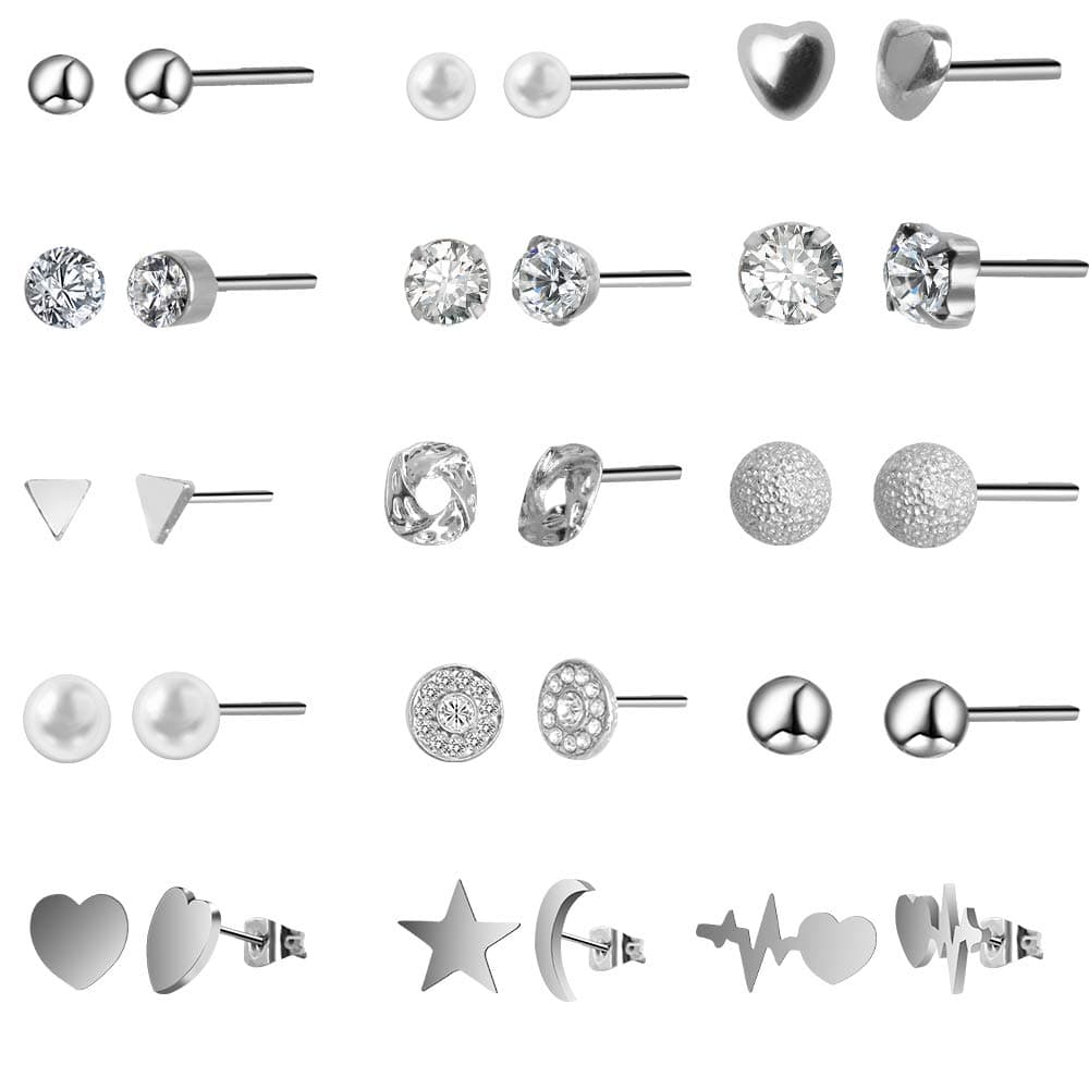 Hicdaw 15 Pairs Stud Earrings Set Assorted Stud Earrings, Silver, Size No Size