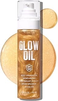 Body Glow Oil, Broad Spectrum SPF 50, Glitter Shimmer Sunscreen Body Oil Lotion with Sequin Mica, Lightweight Non-Sticky Moisturizer with Coconut, Skin Illuminator Glowing Results (01# Golden Amber)