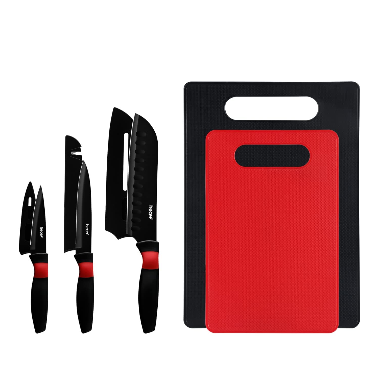 hecef 5 PCS Knife Set with 3 Kitchen Knives & 2 Chopping Boards Non-Stick Black Knife Set with Sharpener Cover, Cutting Boards and Chef Knives for Slicing & Dicing